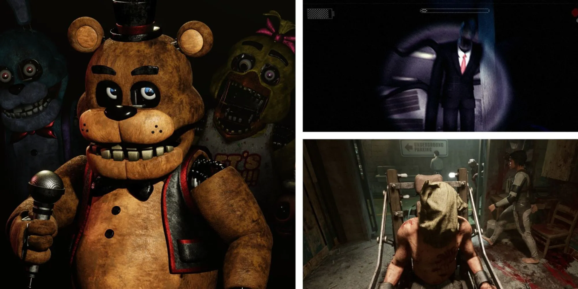 Hình ảnh collage các game kinh dị giống FNAF: Freddy Fazbear, Slenderman và game khác.
