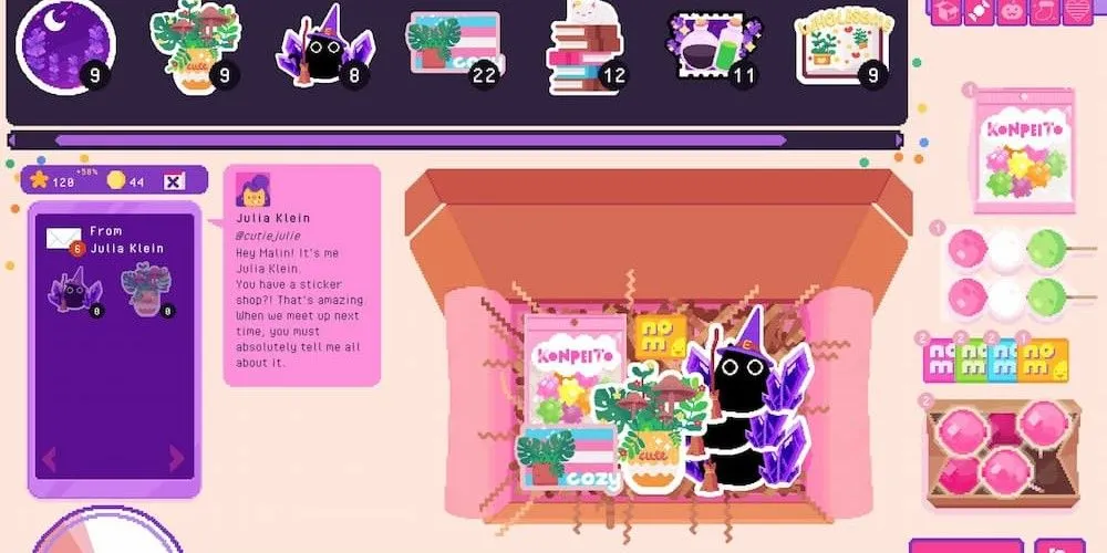Hình ảnh đang đóng gói các tấm sticker tự thiết kế trong game Sticky Business, minh họa gameplay quản lý cửa hàng sticker thư giãn.