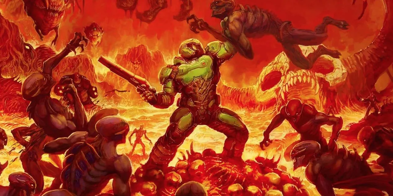 Hình ảnh Doom Slayer trong game DOOM Eternal, thể hiện phong cách chiến đấu máu lửa và thiết kế nhân vật uy lực của tựa game FPS hành động.