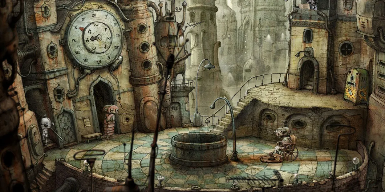 Hình ảnh gameplay điểm và nhấp của Machinarium với robot Josef trong bối cảnh thành phố máy móc steampunk
