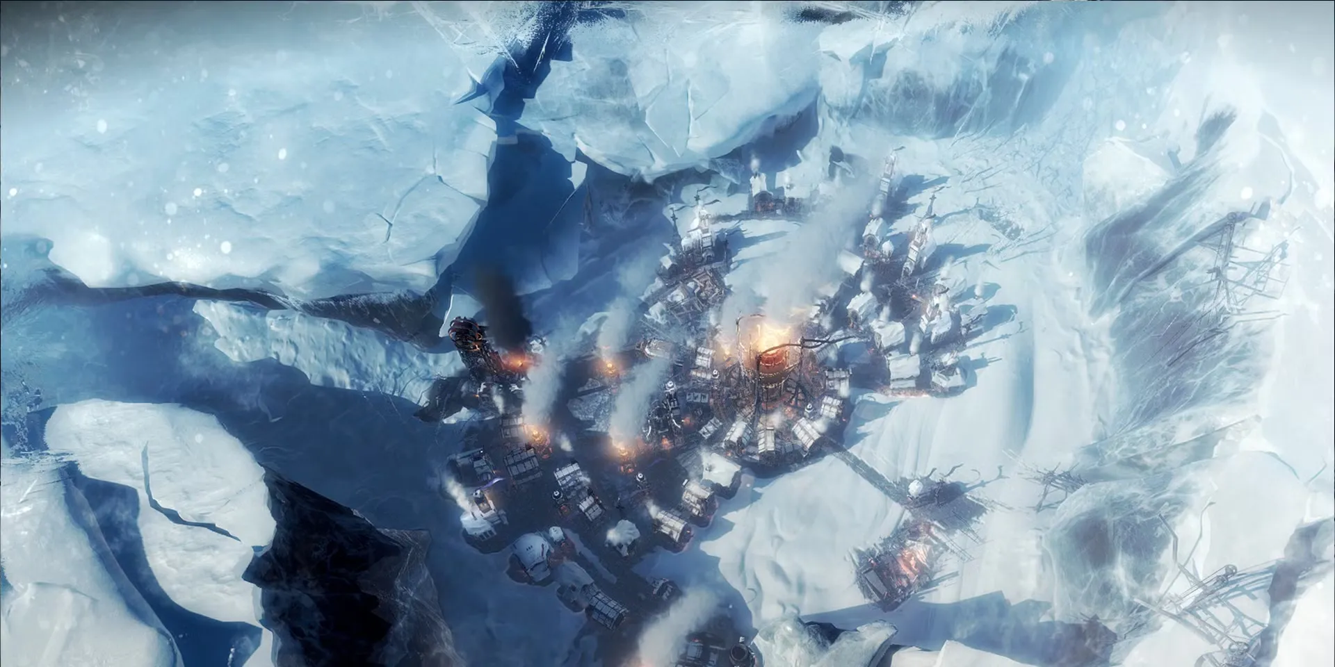Hình ảnh gameplay quản lý thành phố trong Frostpunk với máy phát điện trung tâm và các tòa nhà xung quanh phủ đầy tuyết