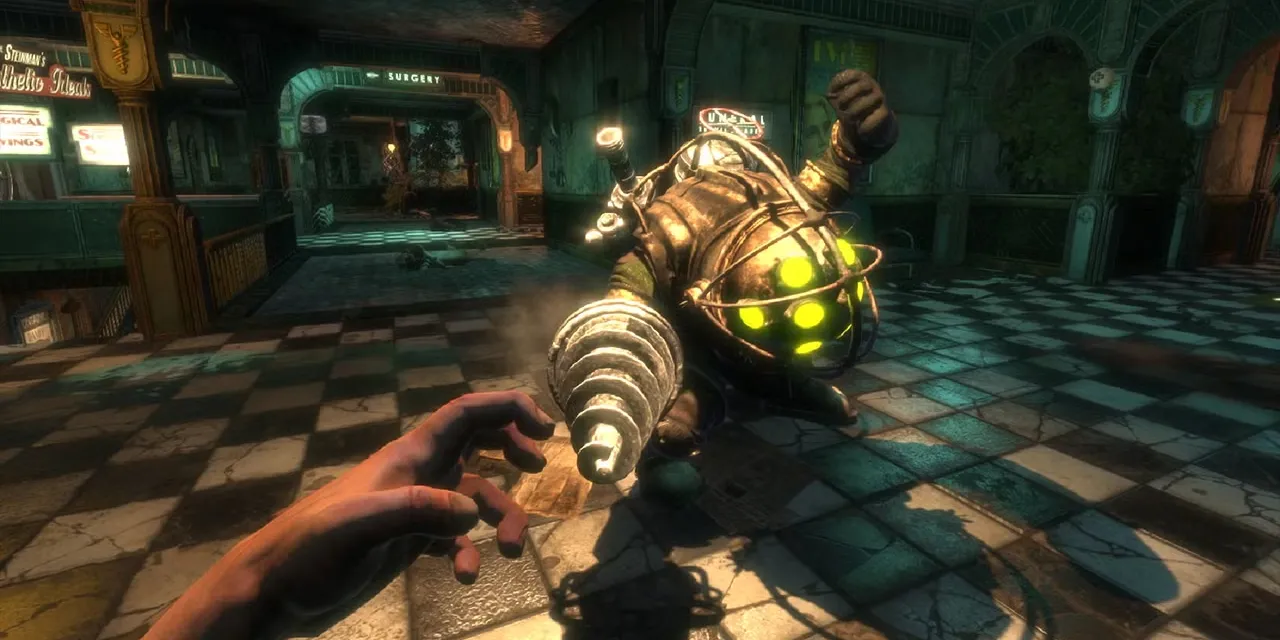 Hình ảnh gameplay từ BioShock với nhân vật khám phá thành phố dưới nước Rapture mang phong cách art déco và steampunk
