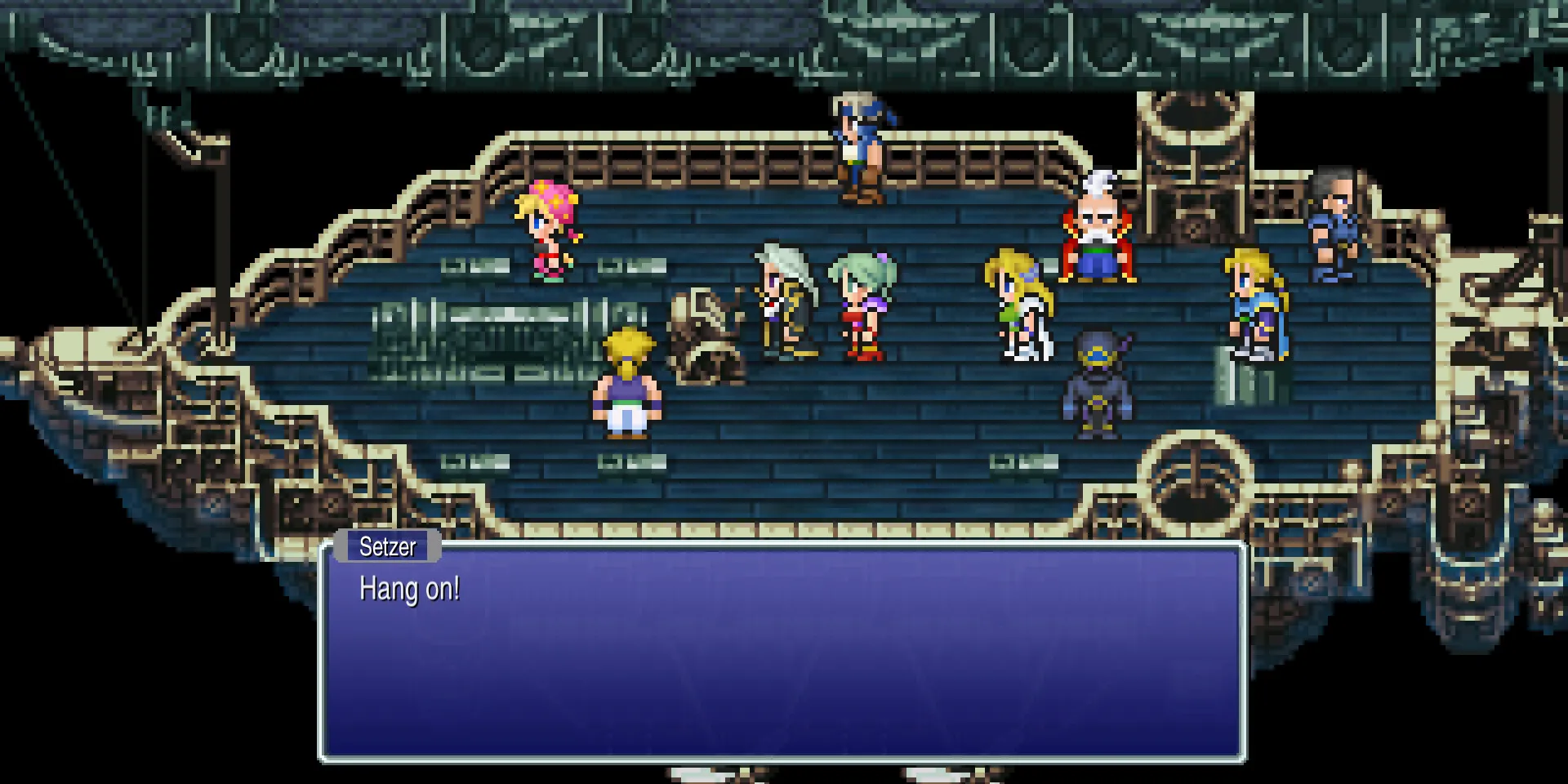 Hình ảnh gameplay từ Final Fantasy 6 với các nhân vật pixel art trong bối cảnh nhà máy công nghiệp