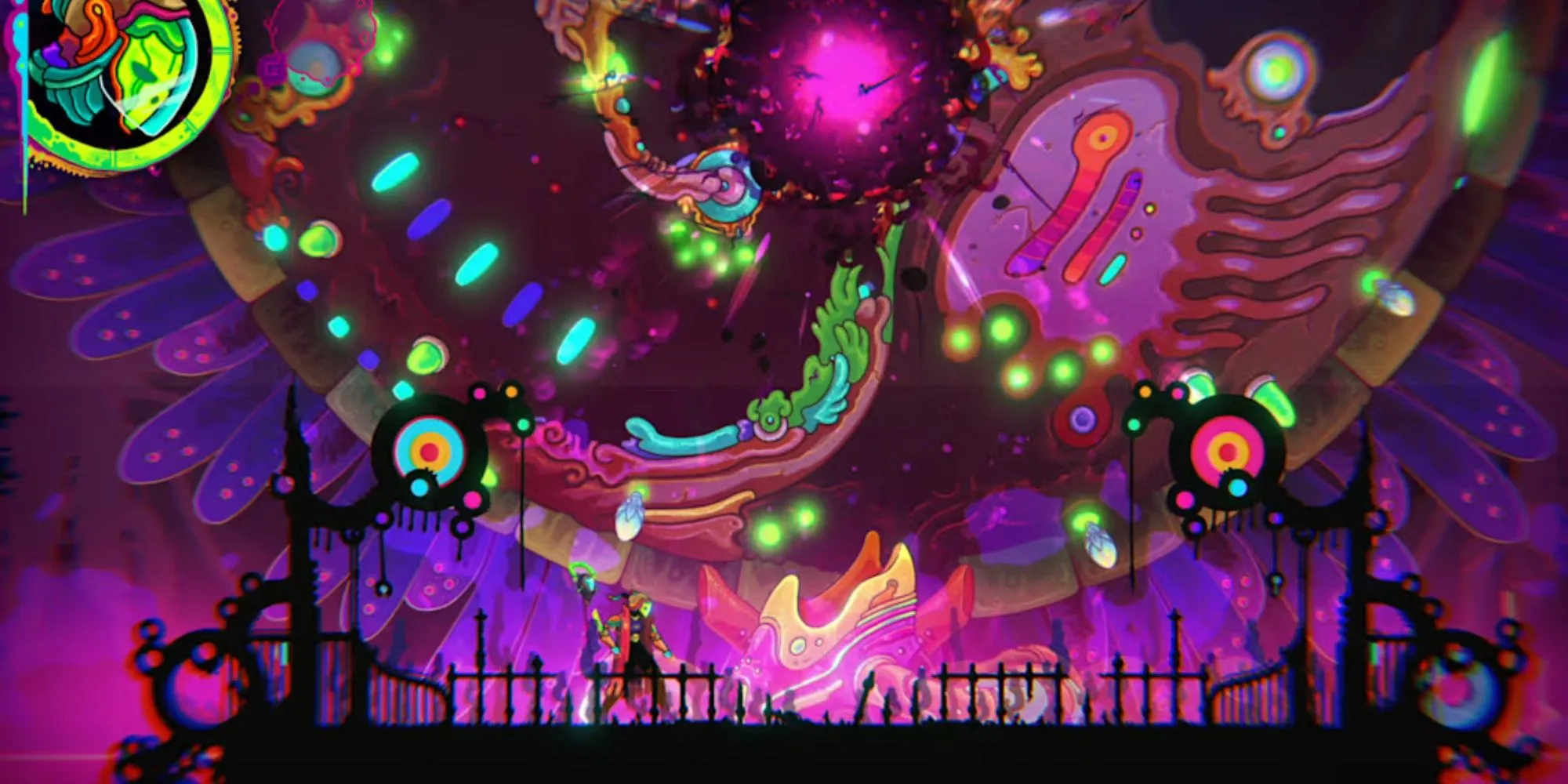Hình ảnh gameplay từ game Metroidvania Ultros với phong cách nghệ thuật độc đáo, hiển thị nhân vật chính chiến đấu trong môi trường kỳ ảo