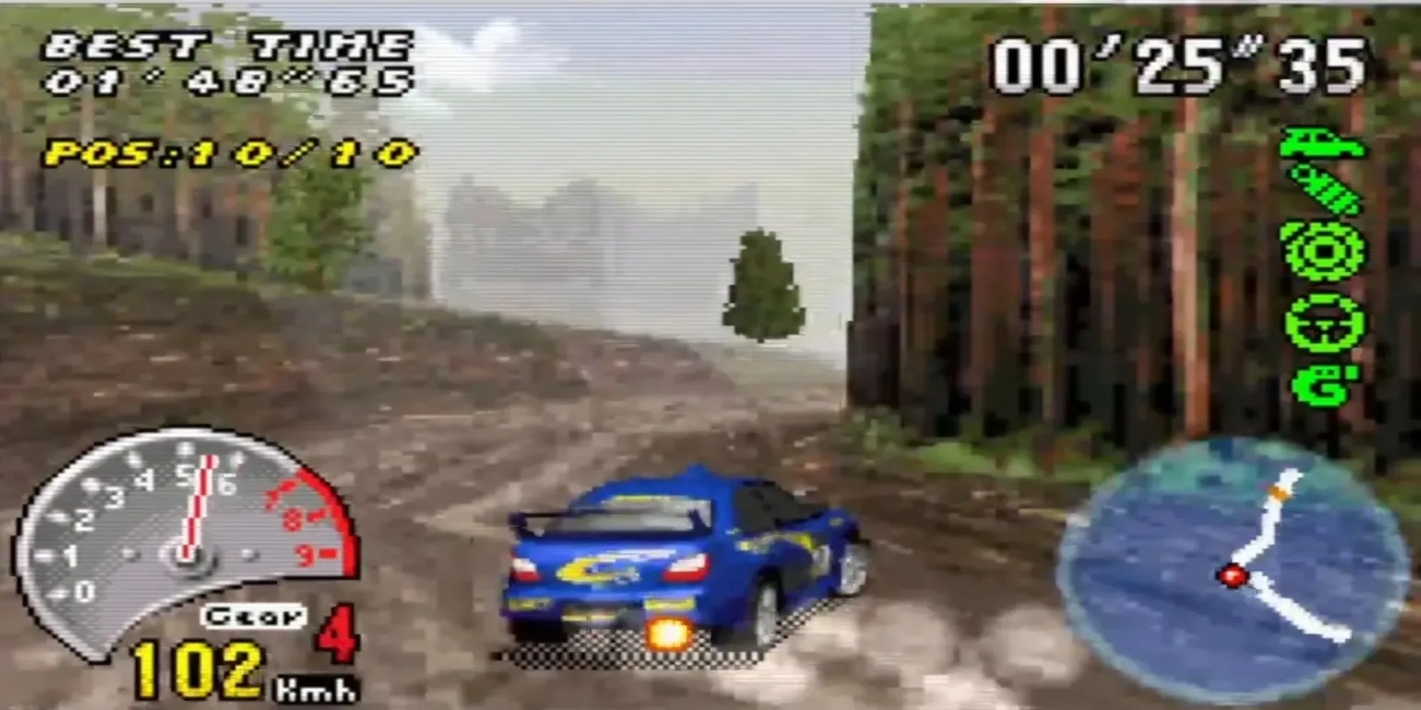 Hình ảnh gameplay V-Rally 3 trên GBA, hiển thị xe đua trên đường đua địa hình với đồ họa chi tiết