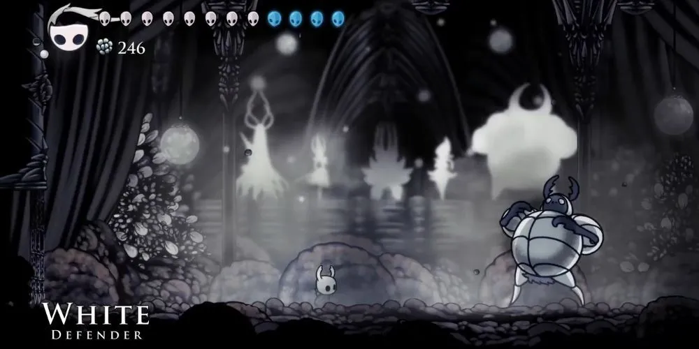 Hình ảnh giới thiệu và tên boss White Defender trong Hollow Knight
