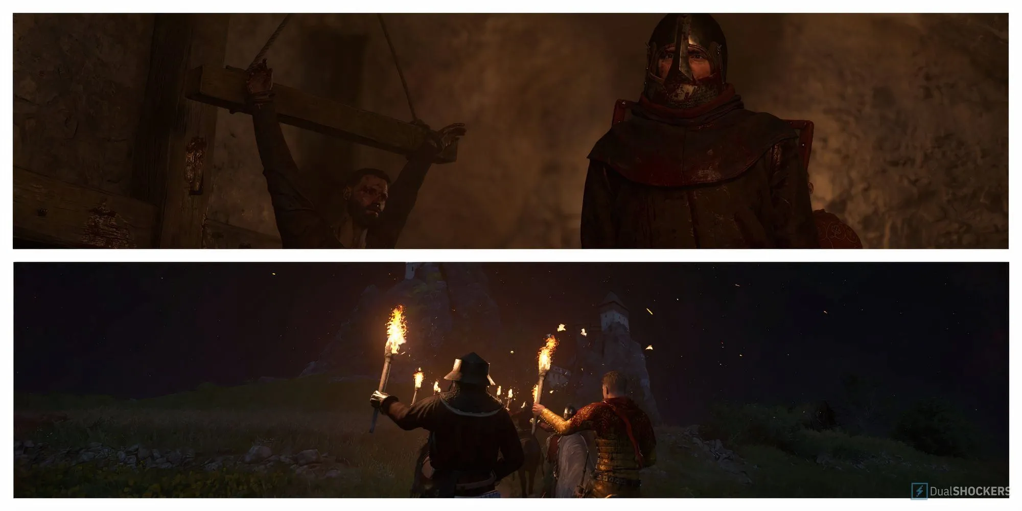 Hình ảnh liên quan đến hướng dẫn nhiệm vụ khó khăn trong KCD2, như 'For Whom The Bells Toll' và 'Necessary Evil'.