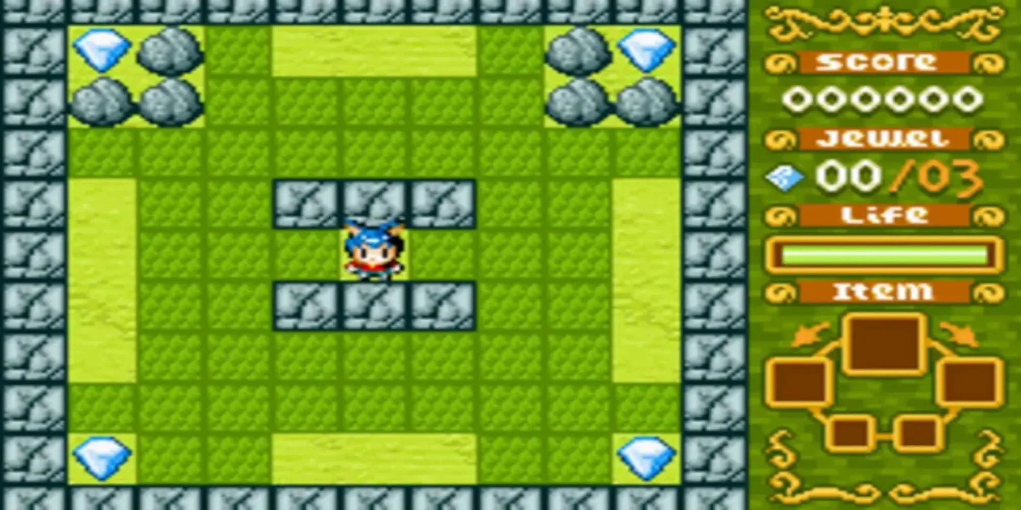 Hình ảnh màn chơi trong Boulder Dash EX trên GBA, nhân vật đào đất để thu thập đá quý và tránh đá rơi