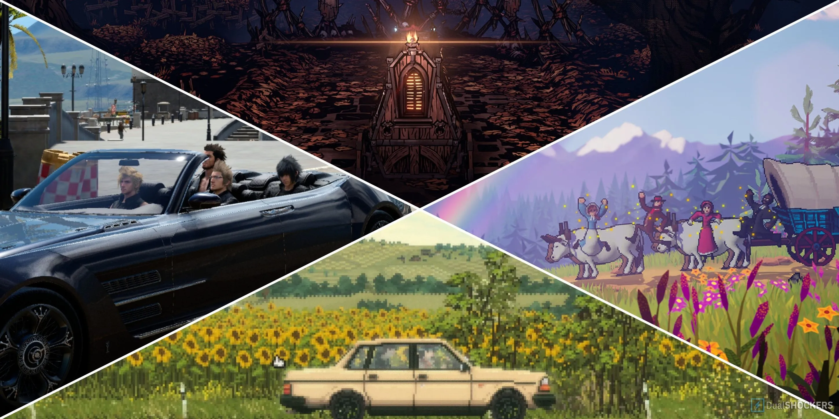 Hình ảnh minh họa các tựa game có yếu tố du hành/phiêu lưu như Final Fantasy XV, Darkest Dungeon 2, Oregon Trail, Keep Driving