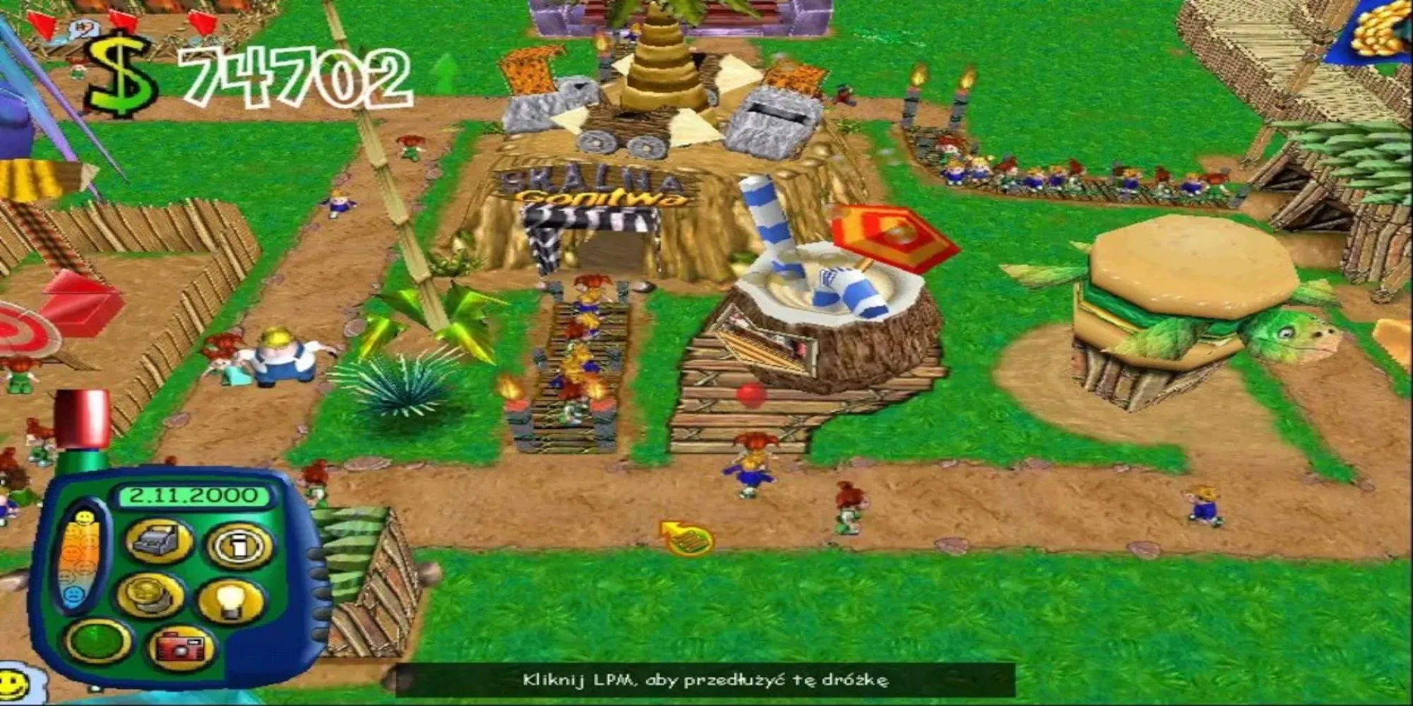 Hình ảnh một công viên giải trí đầy màu sắc trong game mô phỏng Theme Park World trên PS1