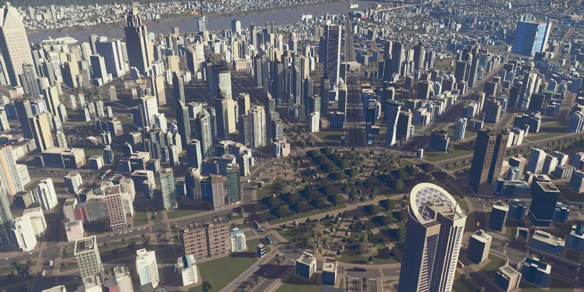Hình ảnh một thành phố lớn trong Cities: Skylines nhìn từ trên cao với các tòa nhà chọc trời và đường cao tốc.