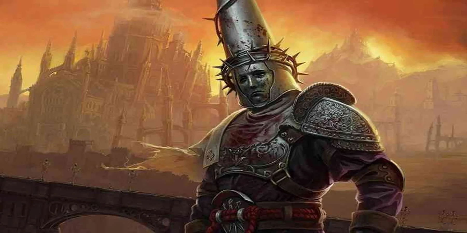 Hình ảnh nghệ thuật chính của Blasphemous 2, nhân vật chính Penitent One với vũ khí và bối cảnh u ám