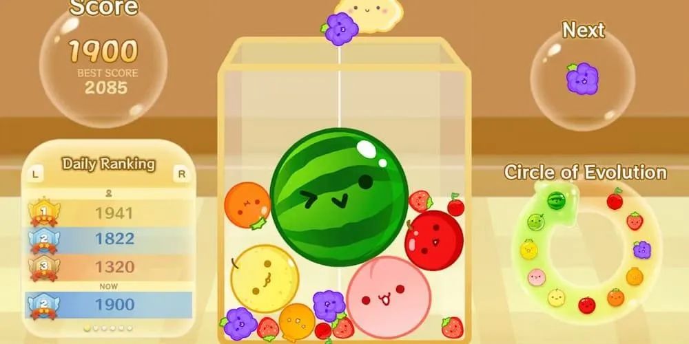 Hình ảnh nhiều loại trái cây khác nhau đang được xếp chồng lên nhau trong game Suika Game, minh họa gameplay kết hợp và hợp nhất trái cây để tạo ra quả lớn hơn, đặc biệt là dưa hấu.