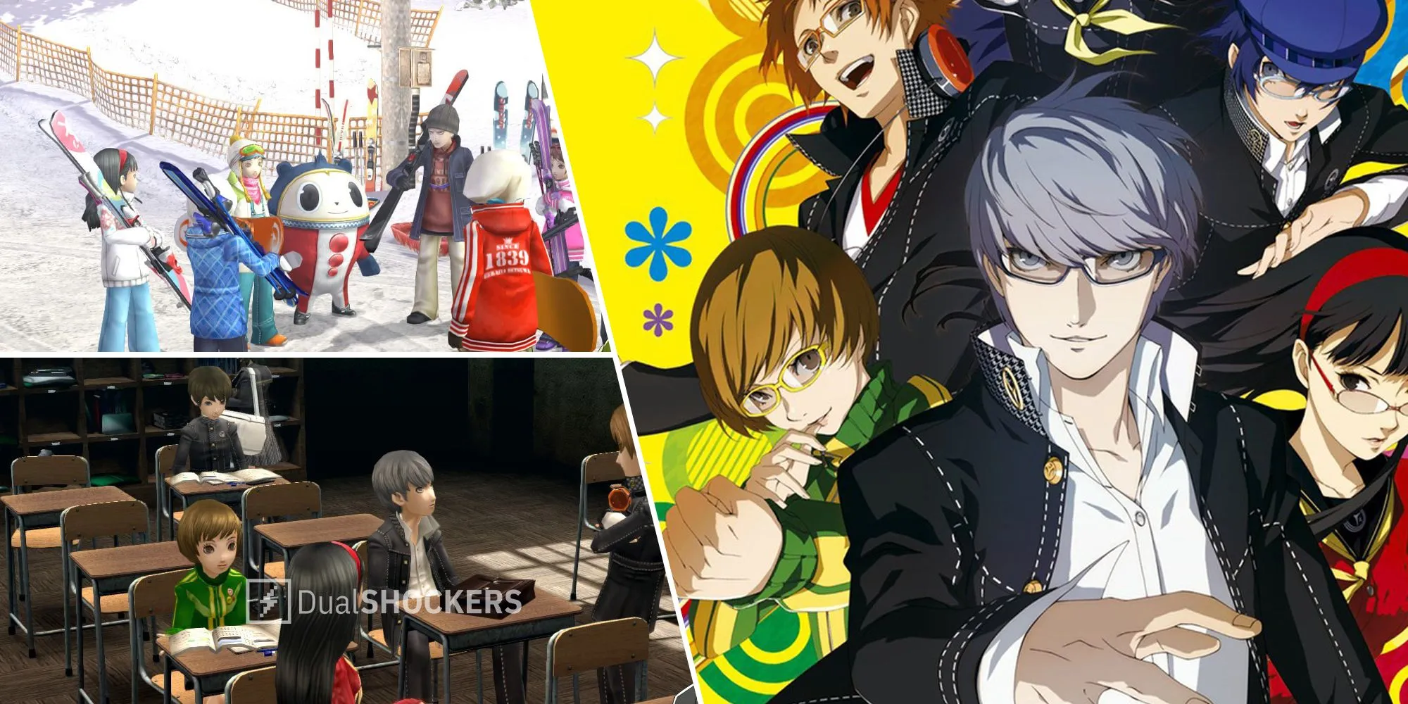 Hình ảnh quảng bá Persona 4 Golden với các nhân vật trượt tuyết và trong lớp học