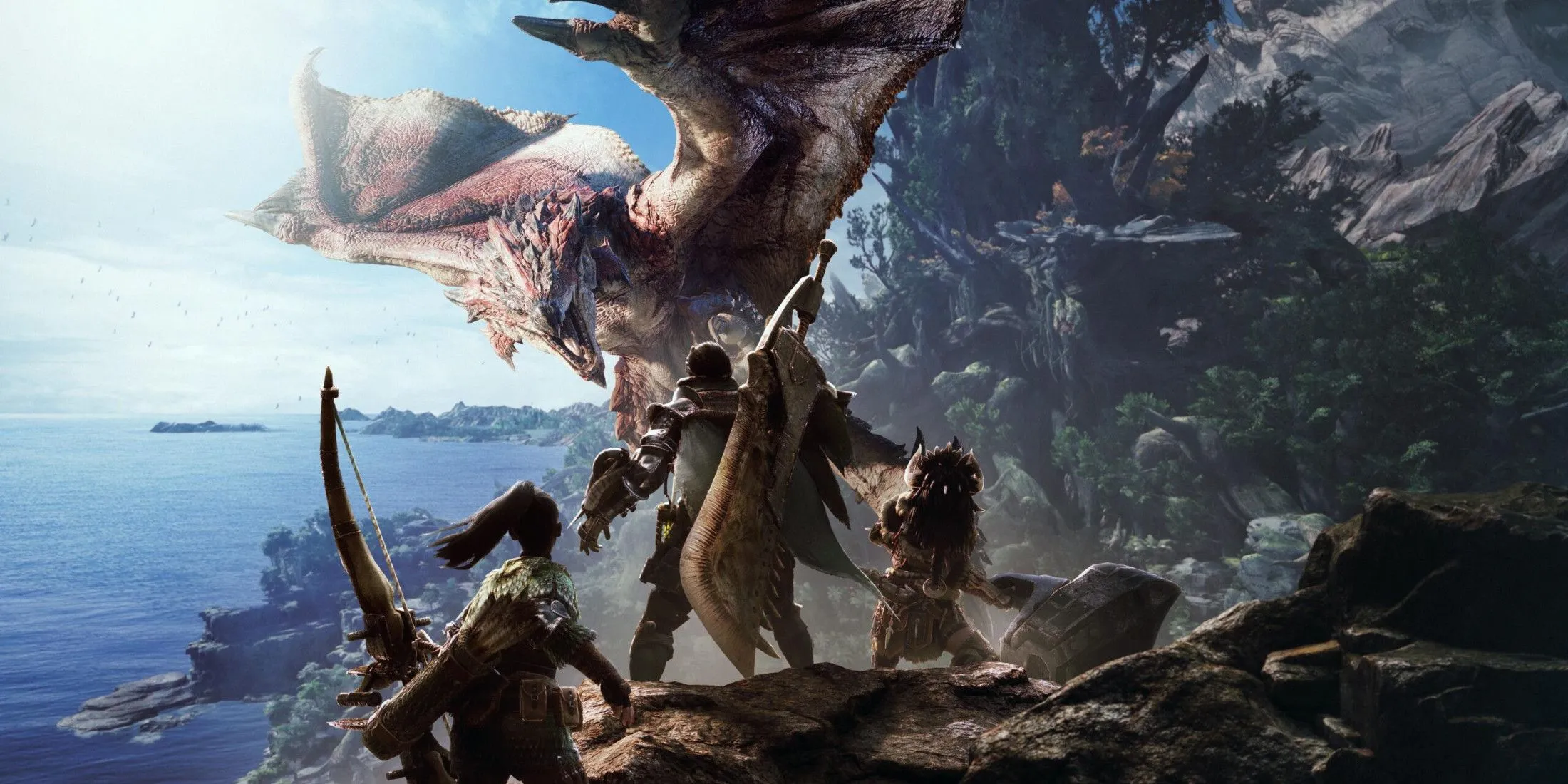 Hình ảnh quảng cáo Monster Hunter World với một thợ săn đối đầu với con quái vật khổng lồ Rathalos.