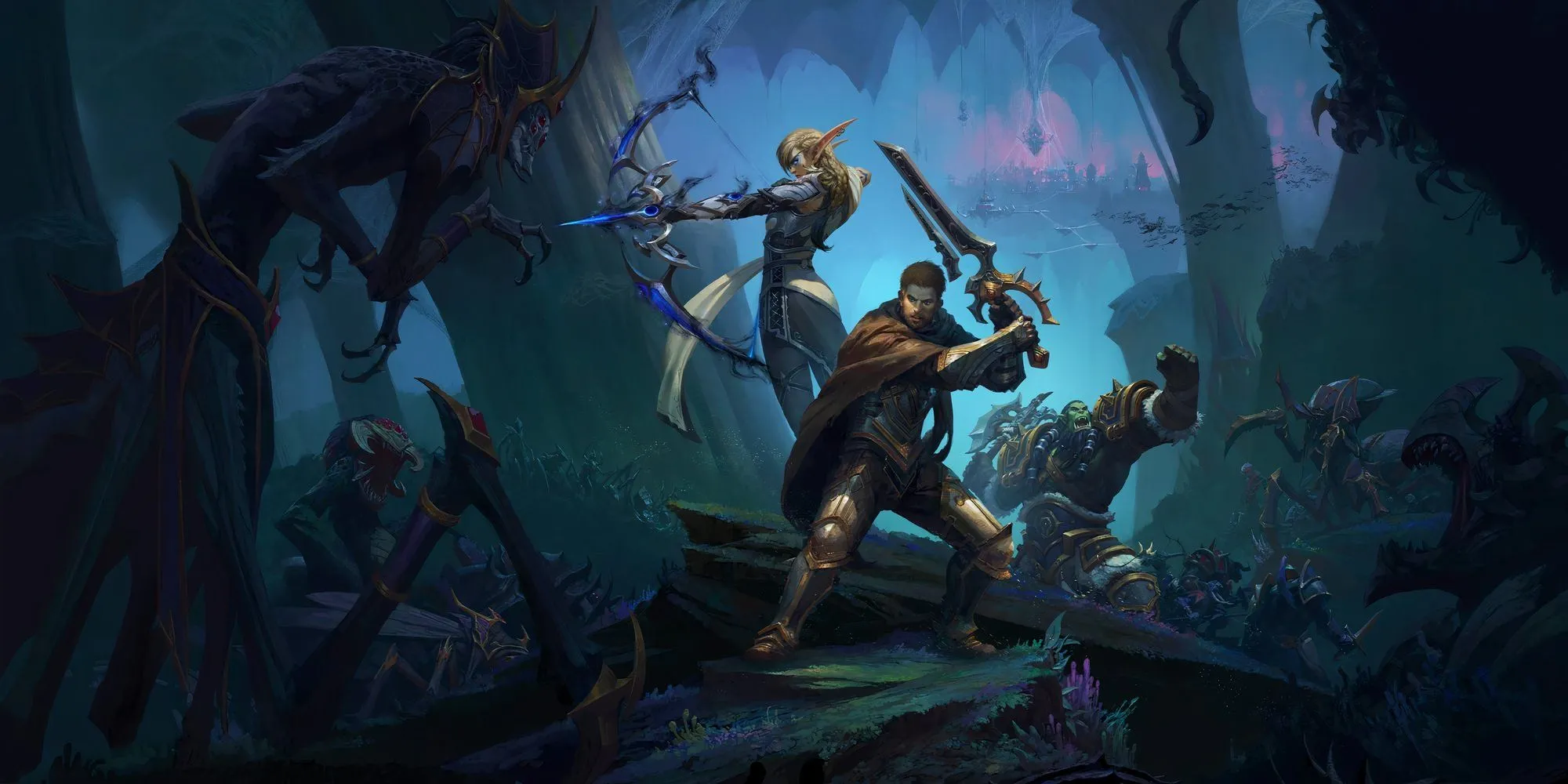Hình ảnh quảng cáo World of Warcraft The War Within với các nhân vật giả tưởng đang chuẩn bị chiến đấu.