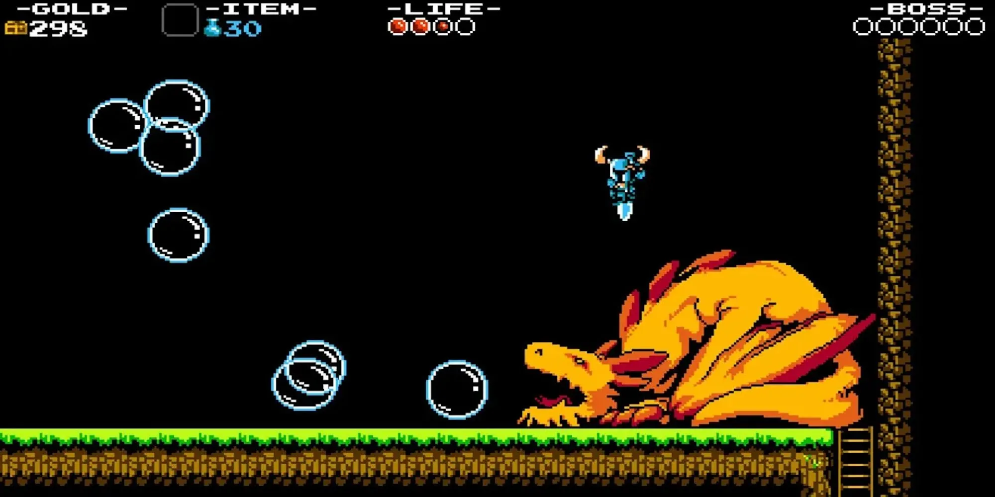 Hình ảnh Shovel Knight đang sử dụng xẻng để tấn công hoặc di chuyển, với phong cách đồ họa pixel cổ điển