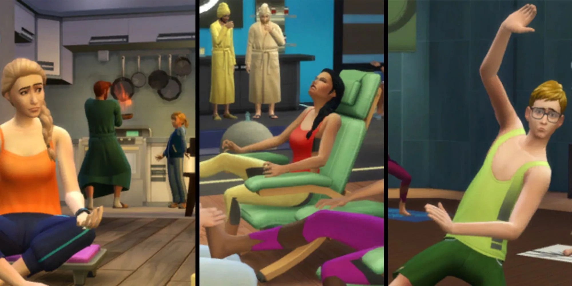Hình ảnh Sim đang tập Yoga tại một spa hiện đại trong gói Spa Day của The Sims 4, sau khi được cập nhật nội dung