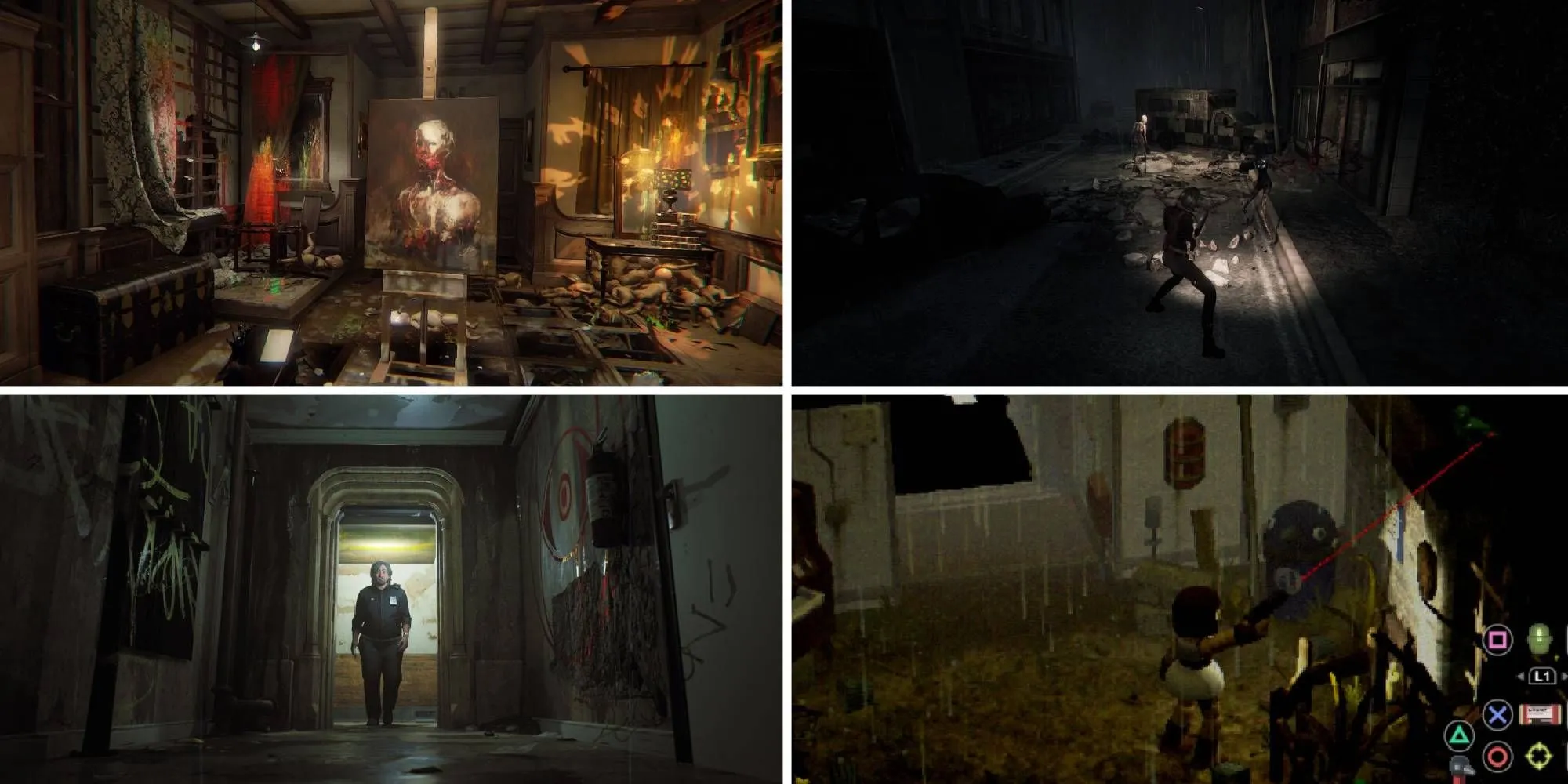 Hình ảnh tổng hợp các game kinh dị lấy cảm hứng từ Lovecraft như Layers of Fear, Hollowbody, Post Trauma, Crow Country