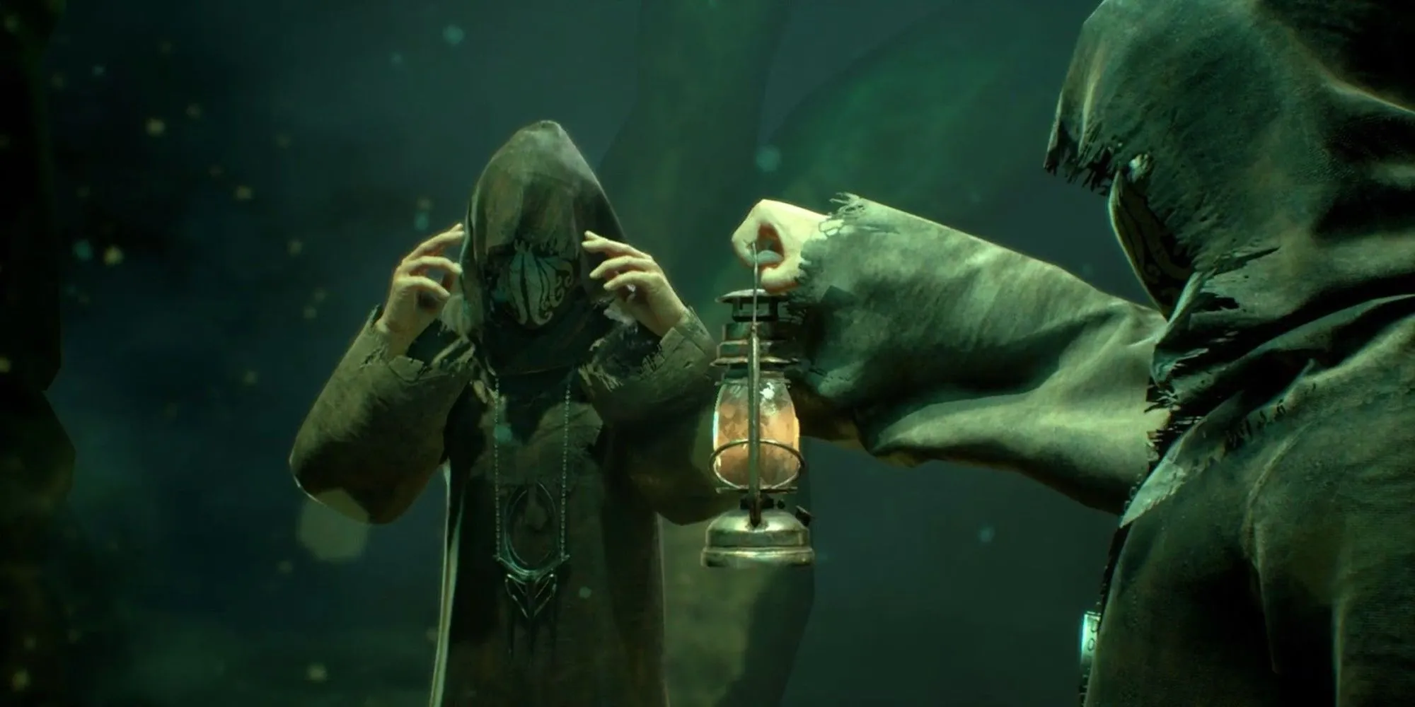 Hình ảnh từ game Call of Cthulhu, thể hiện một nhóm người bí ẩn, có vẻ là tín đồ