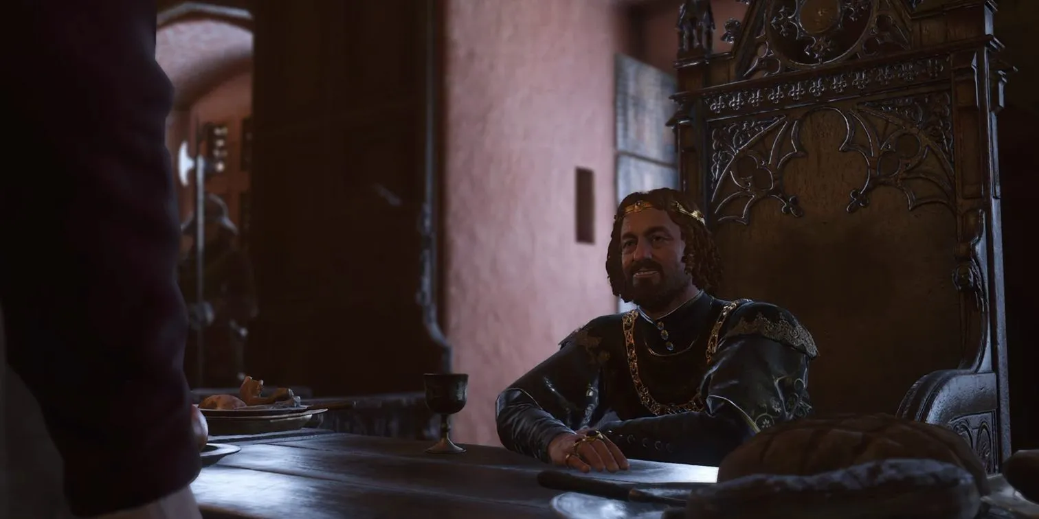 Hình ảnh từ nhiệm vụ 'The Kings Gambit' trong KCD2, Henry đang phục vụ trong buổi họp của Vua Sigismund.