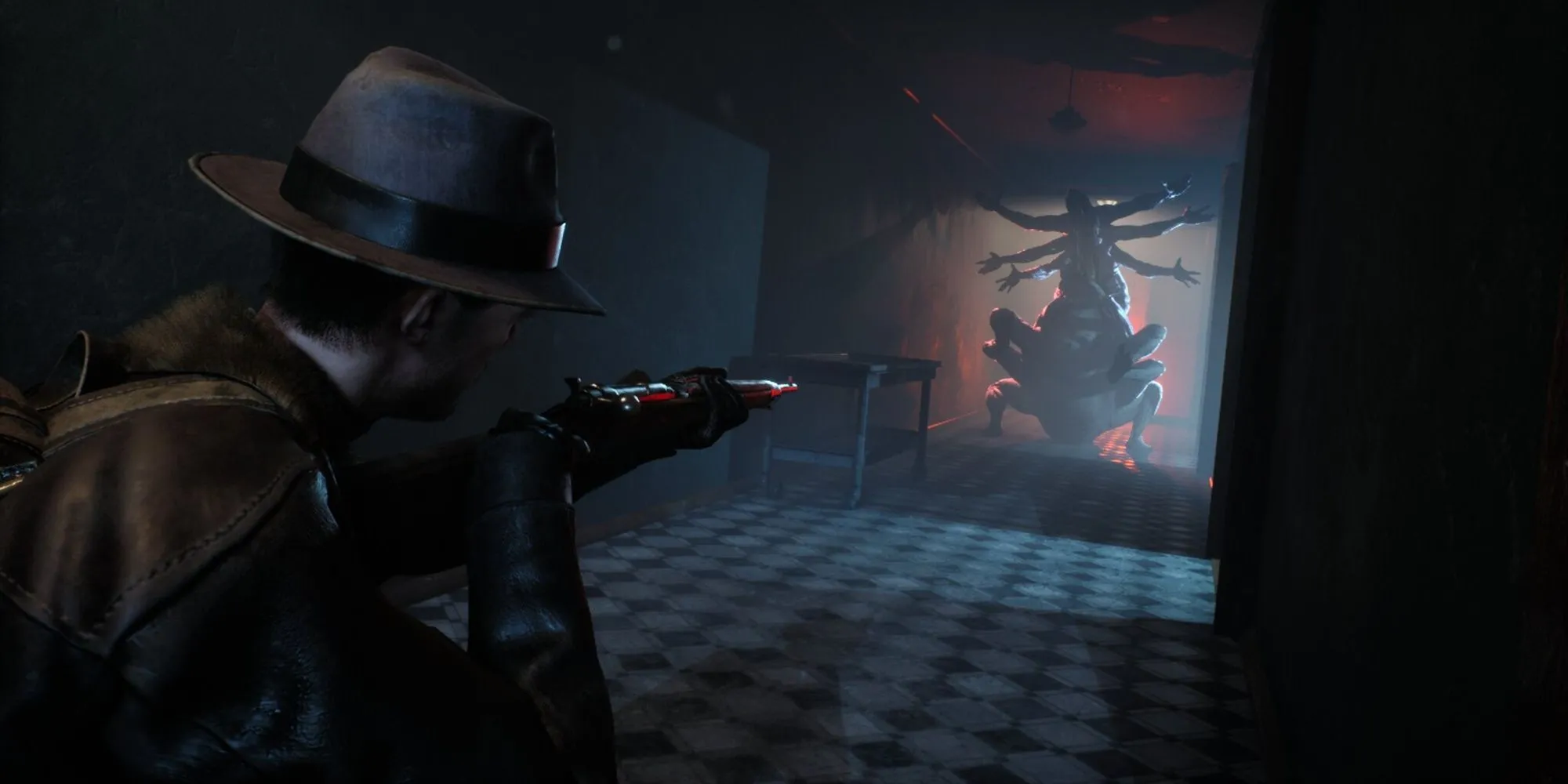 Hình ảnh từ The Sinking City, cảnh nhân vật chính đối mặt với một sinh vật quái dị trong môi trường ngập nước