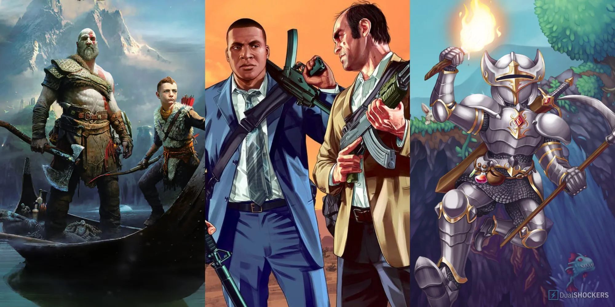 Hình minh họa các nhân vật từ God of War, GTA V, Terraria - Thể loại game hành động phiêu lưu, giống Davy x Jones