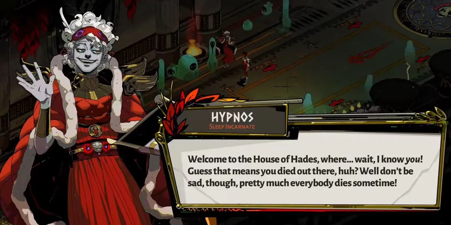 Hypnos chào đón Zagreus tại Cung điện Hades sau khi anh chết