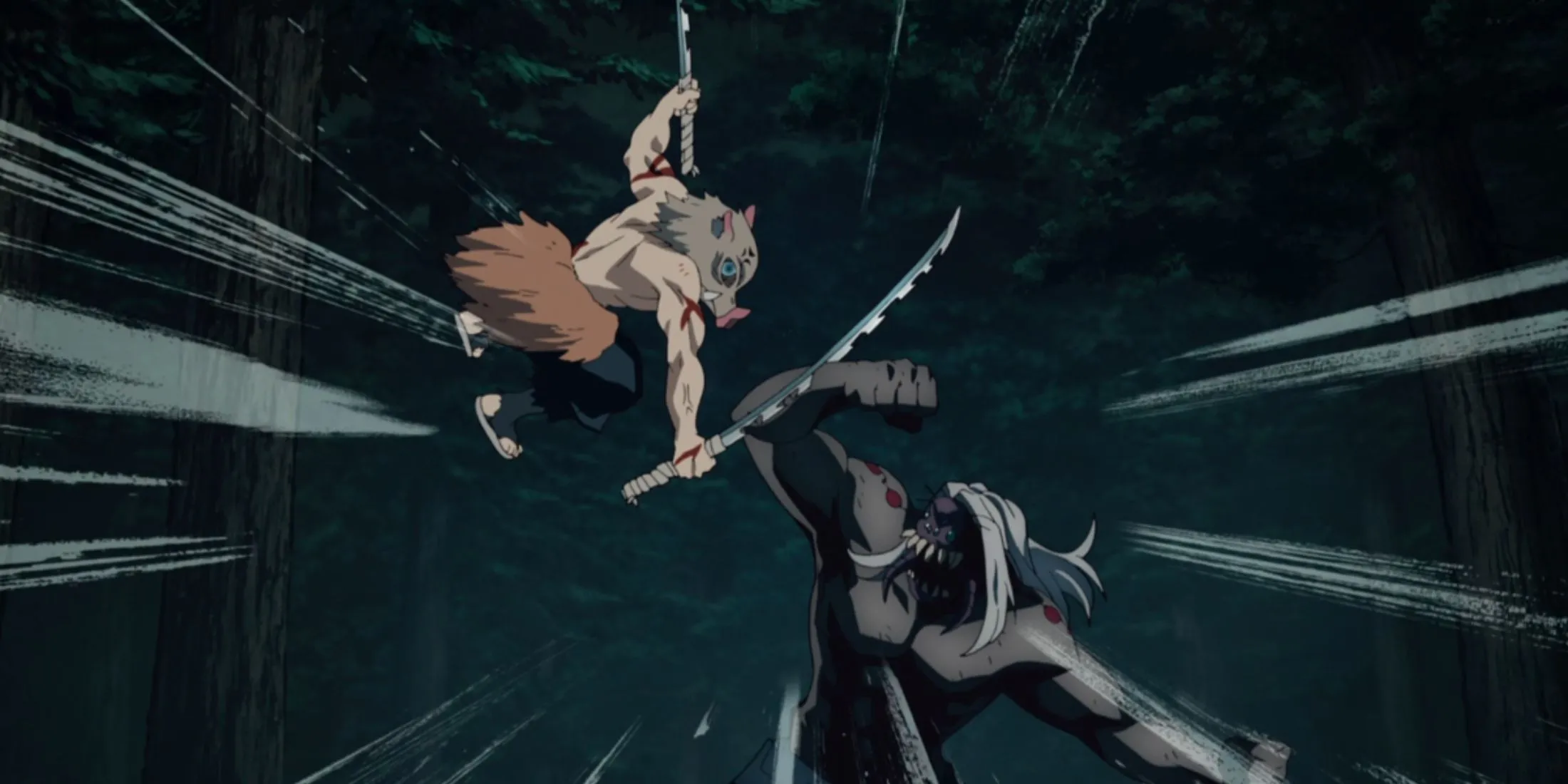 Inosuke Hashibira chiến đấu kiên cường một mình trước Quỷ Cha (Father) tại núi Natagumo trong Demon Slayer