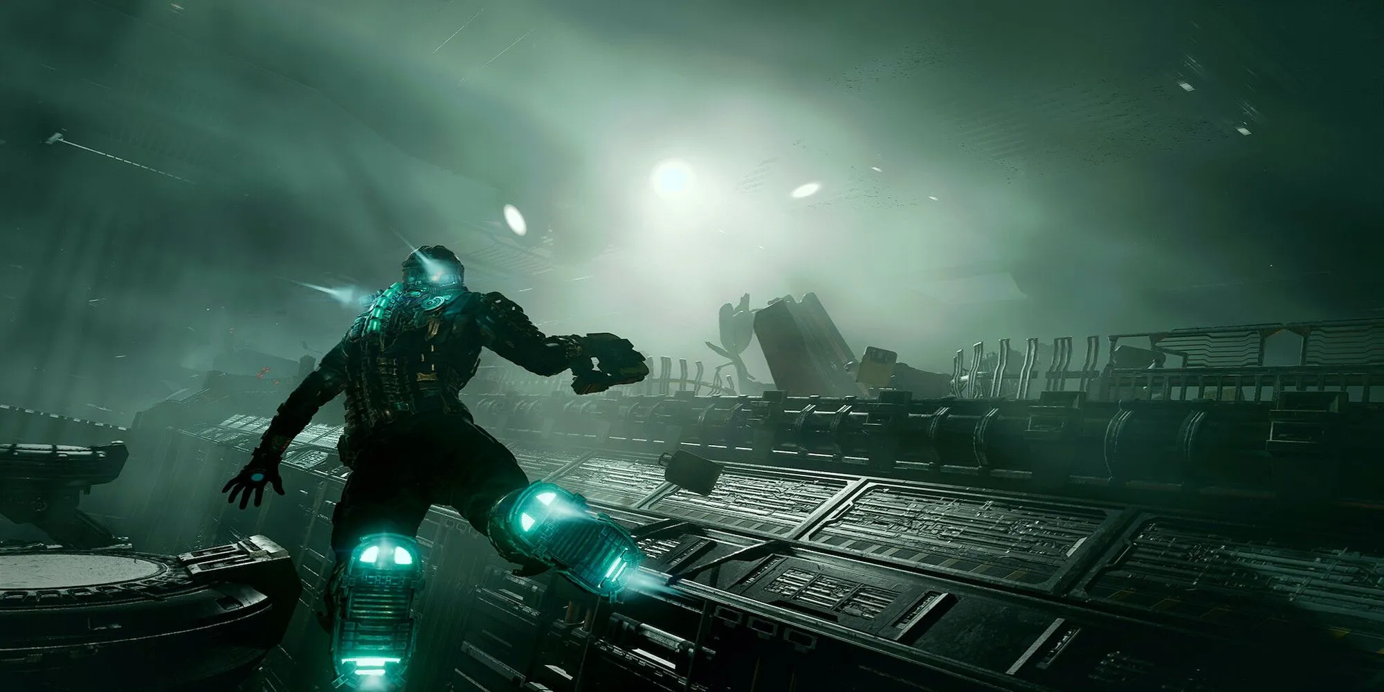 Isaac Clarke lơ lửng trong không gian trên con tàu Ishimura trong game kinh dị khoa học viễn tưởng Dead Space