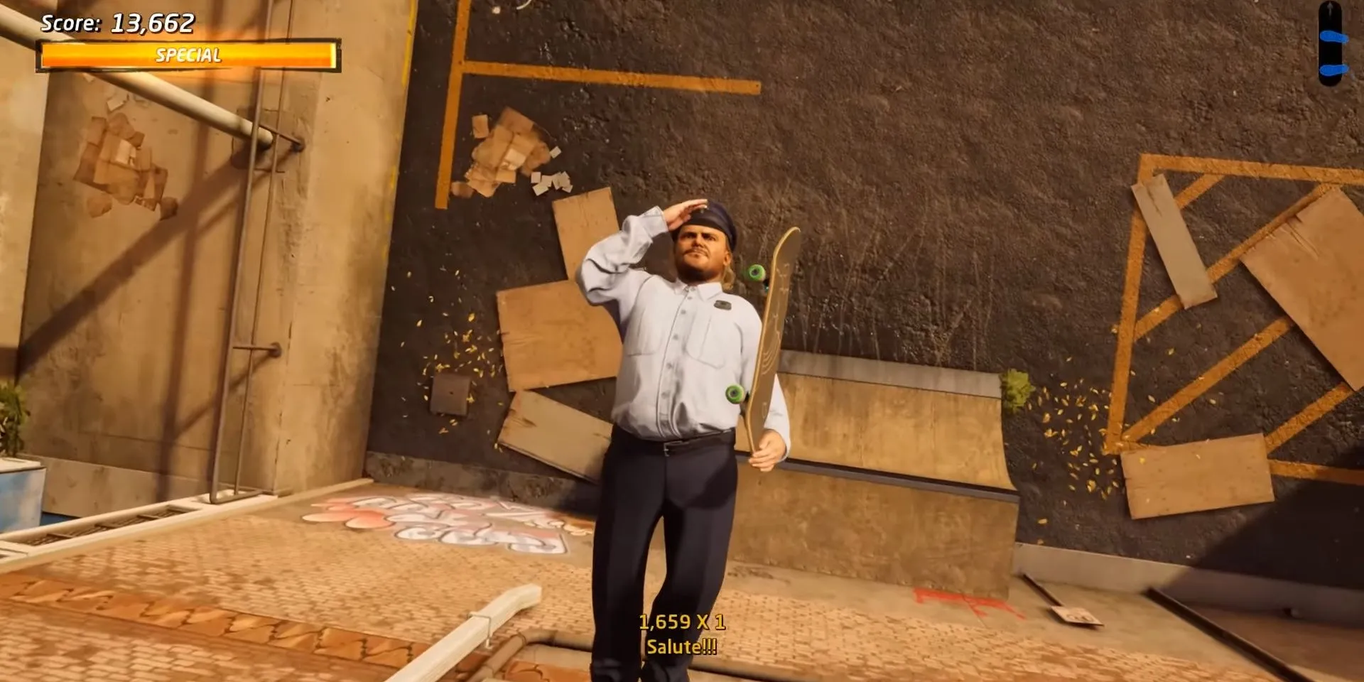 Jack Black trong vai Officer Dick chuẩn bị trượt ván trong Tony Hawk's Pro Skater 1 + 2 Remake
