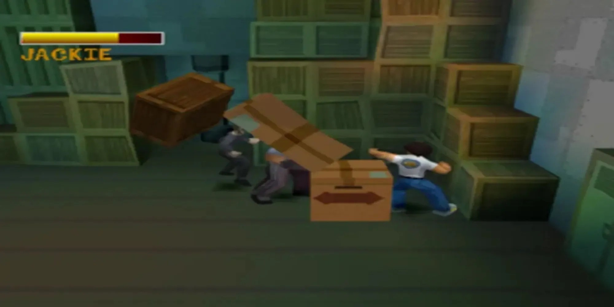 Jackie Chan thực hiện pha hành động trong màn chơi của game phiêu lưu 3D Jackie Chan Stuntmaster trên PS1.
