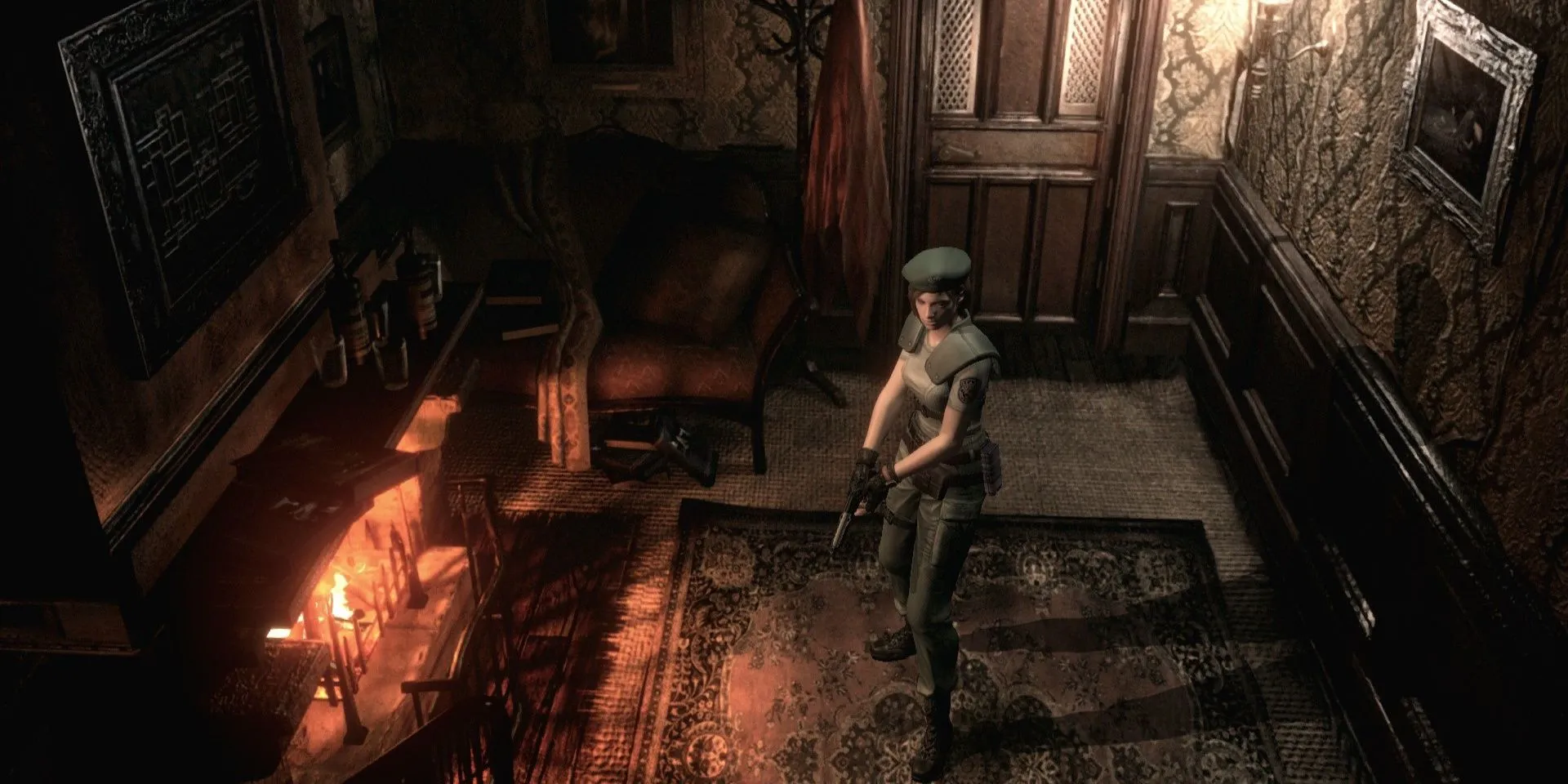Jill Valentine đứng cạnh lò sưởi trong bản làm lại Resident Evil, thể hiện đồ họa game kinh dị cổ điển