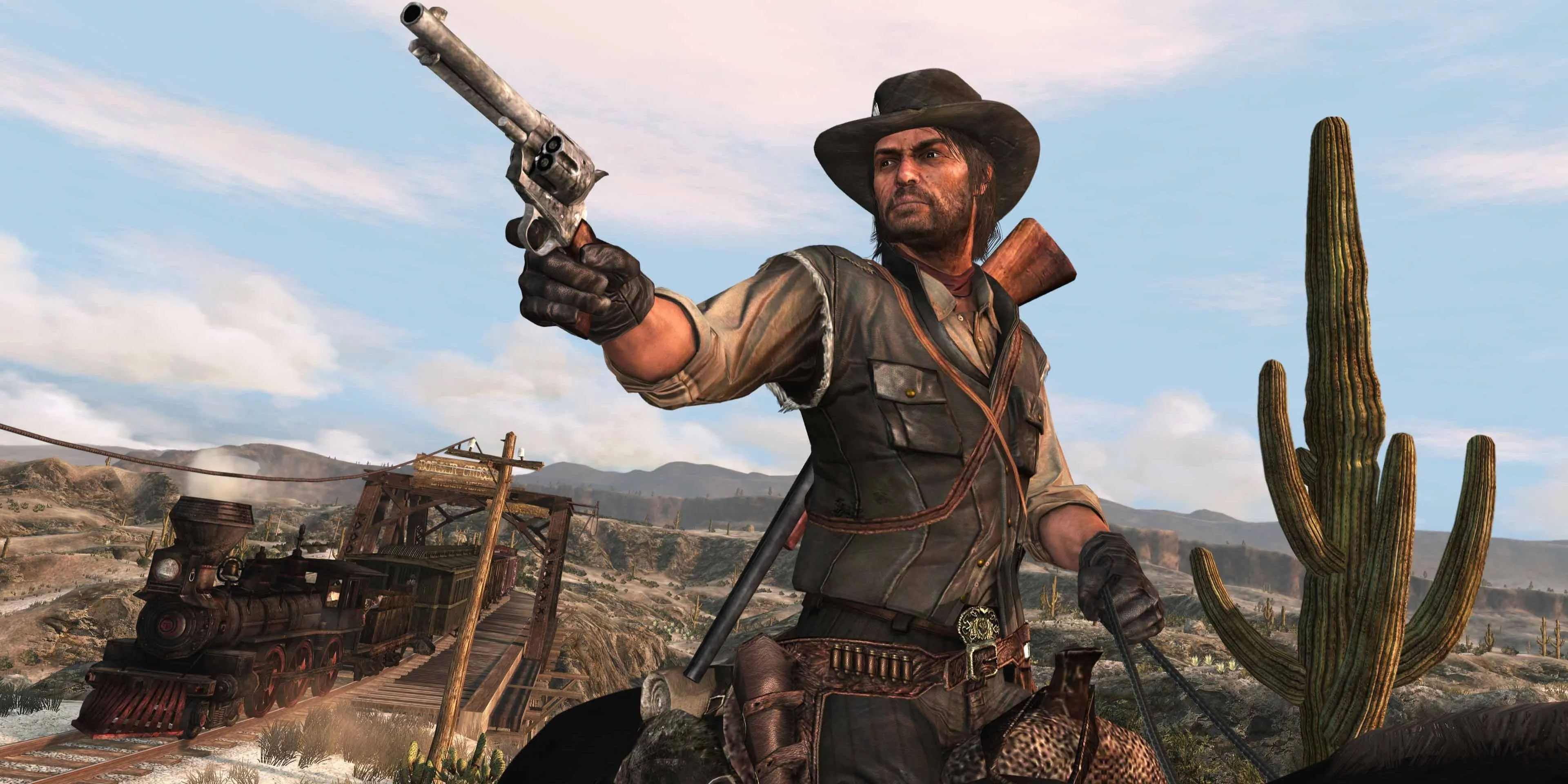 John Marston đứng giữa khung cảnh miền Tây hoang dã trong game Red Dead Redemption 1