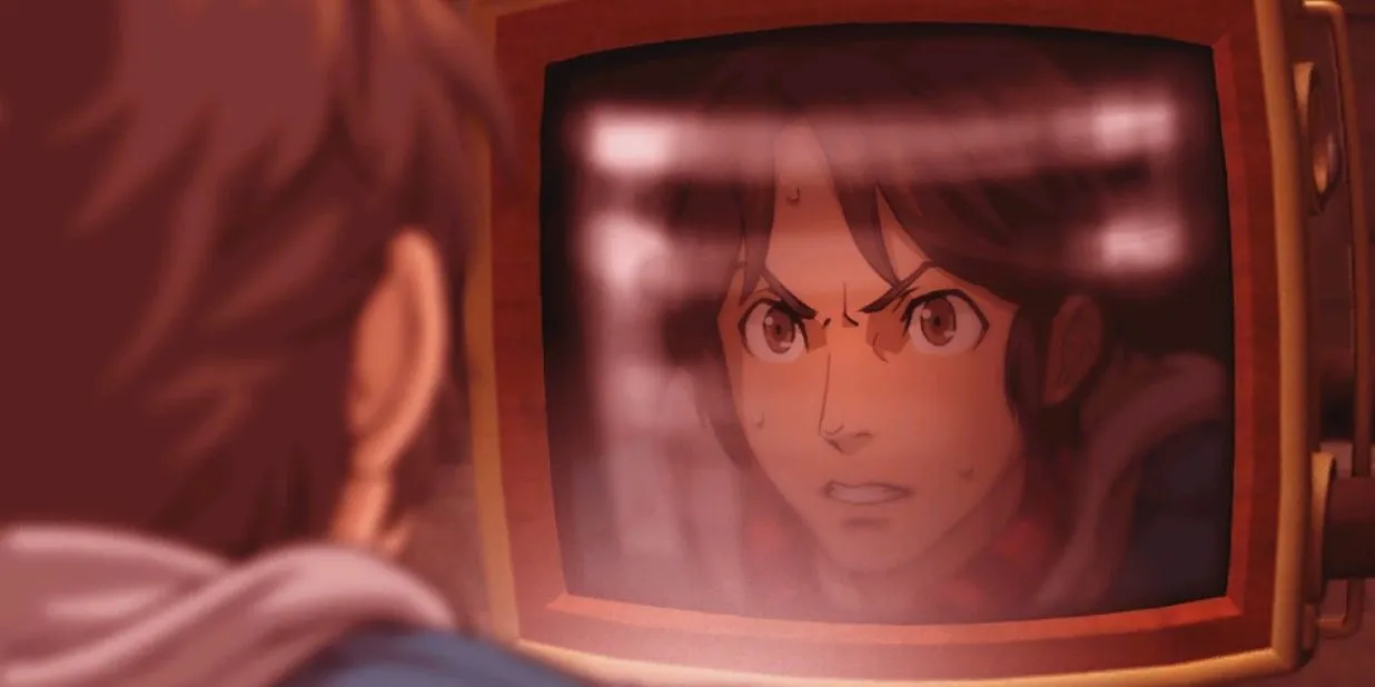 Junpei nhìn vào màn hình trong 999: Nine Hours, Nine Persons, Nine Doors