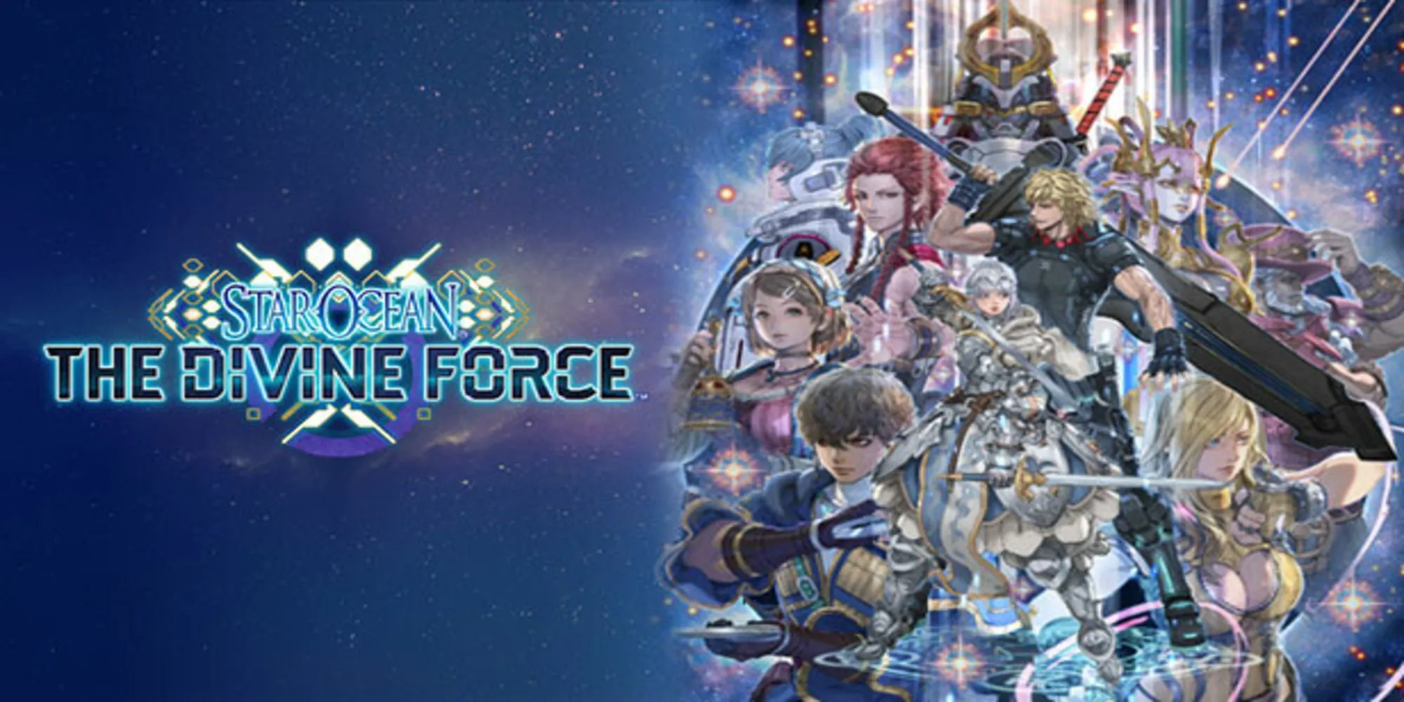 Key art của Star Ocean The Divine Force, hiển thị hai nhân vật chính Raymond và Laeticia cùng robot D.U.M.A
