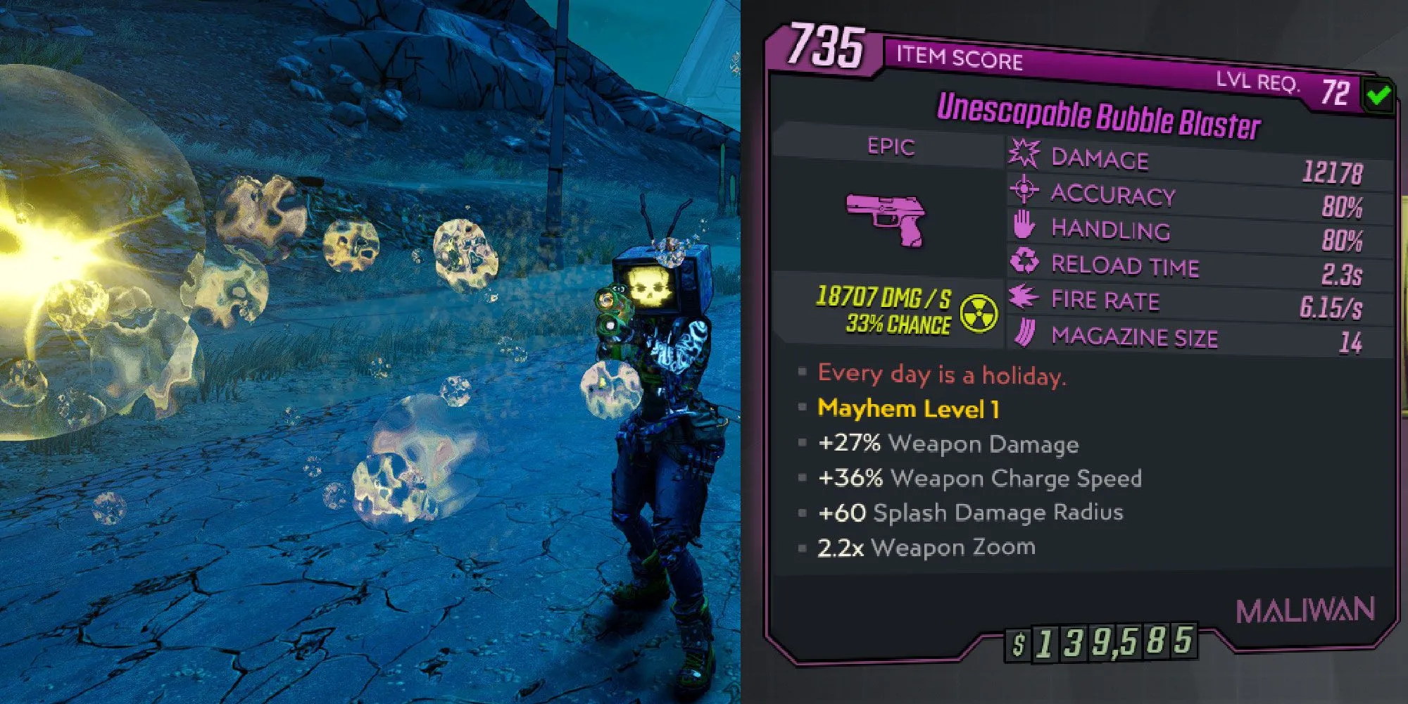 Khẩu pistol Bubble Blaster bắn ra bong bóng phóng xạ trong Borderlands 3