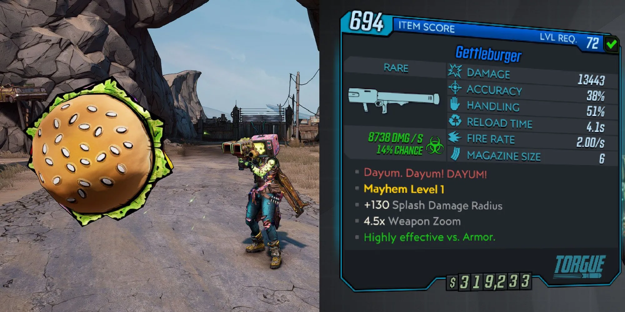 Khẩu súng phóng lựu Gettleburger bắn ra bánh burger trong Borderlands 3