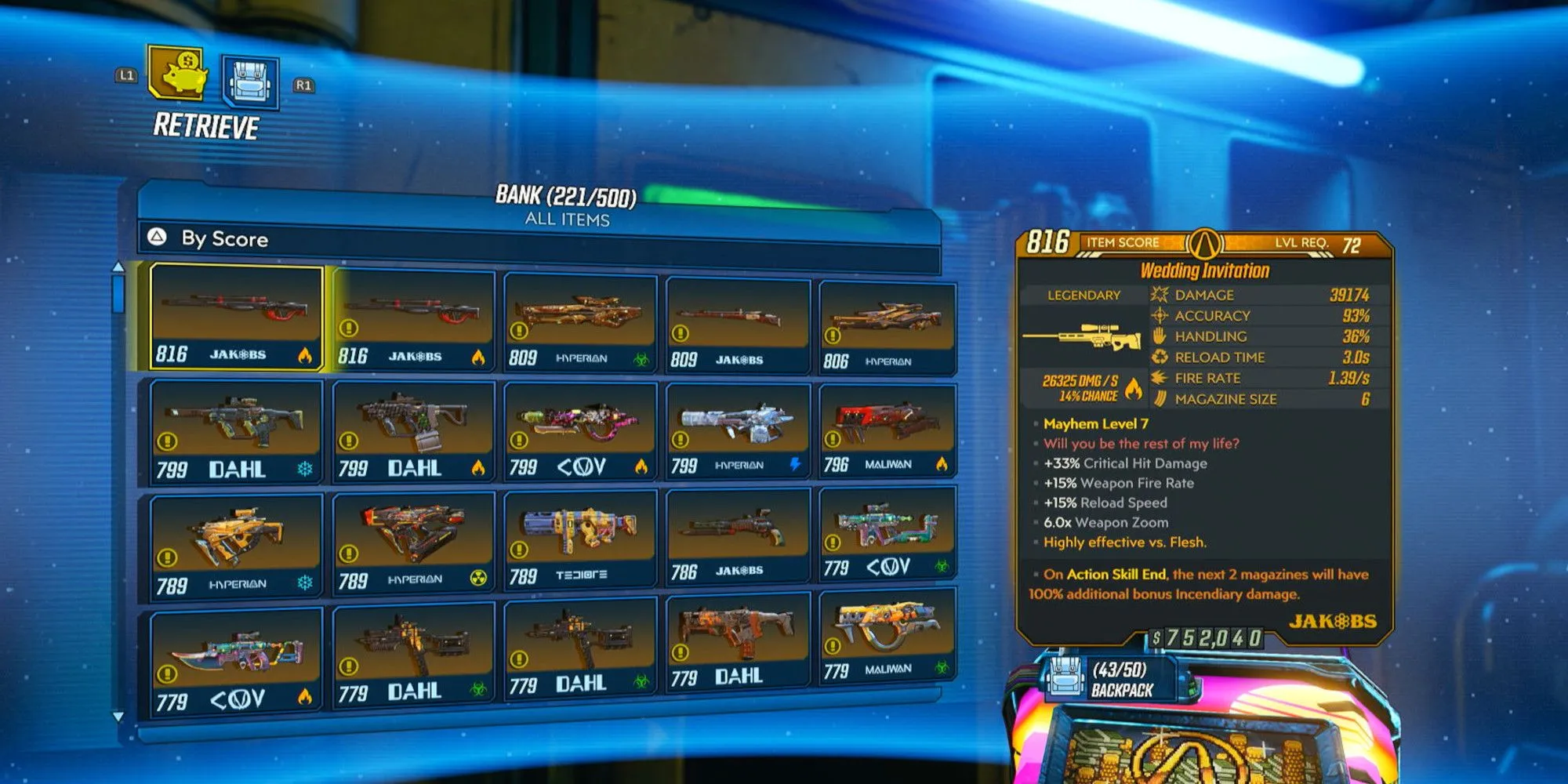Kho lưu trữ vũ khí trong Borderlands 3, minh họa số lượng súng khổng lồ mà người chơi có thể thu thập.