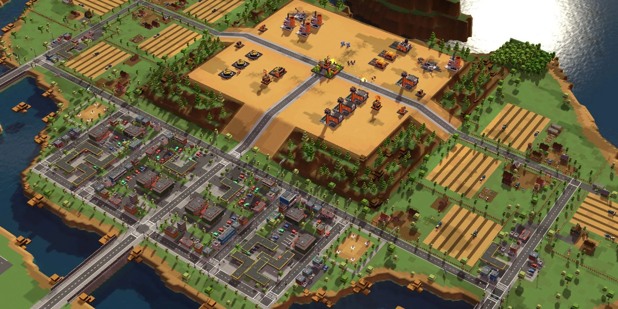 Khu định cư với công trình đơn giản và đơn vị xe tăng đầy màu sắc trong game 8-Bit Armies với đồ họa khối vuông đặc trưng.