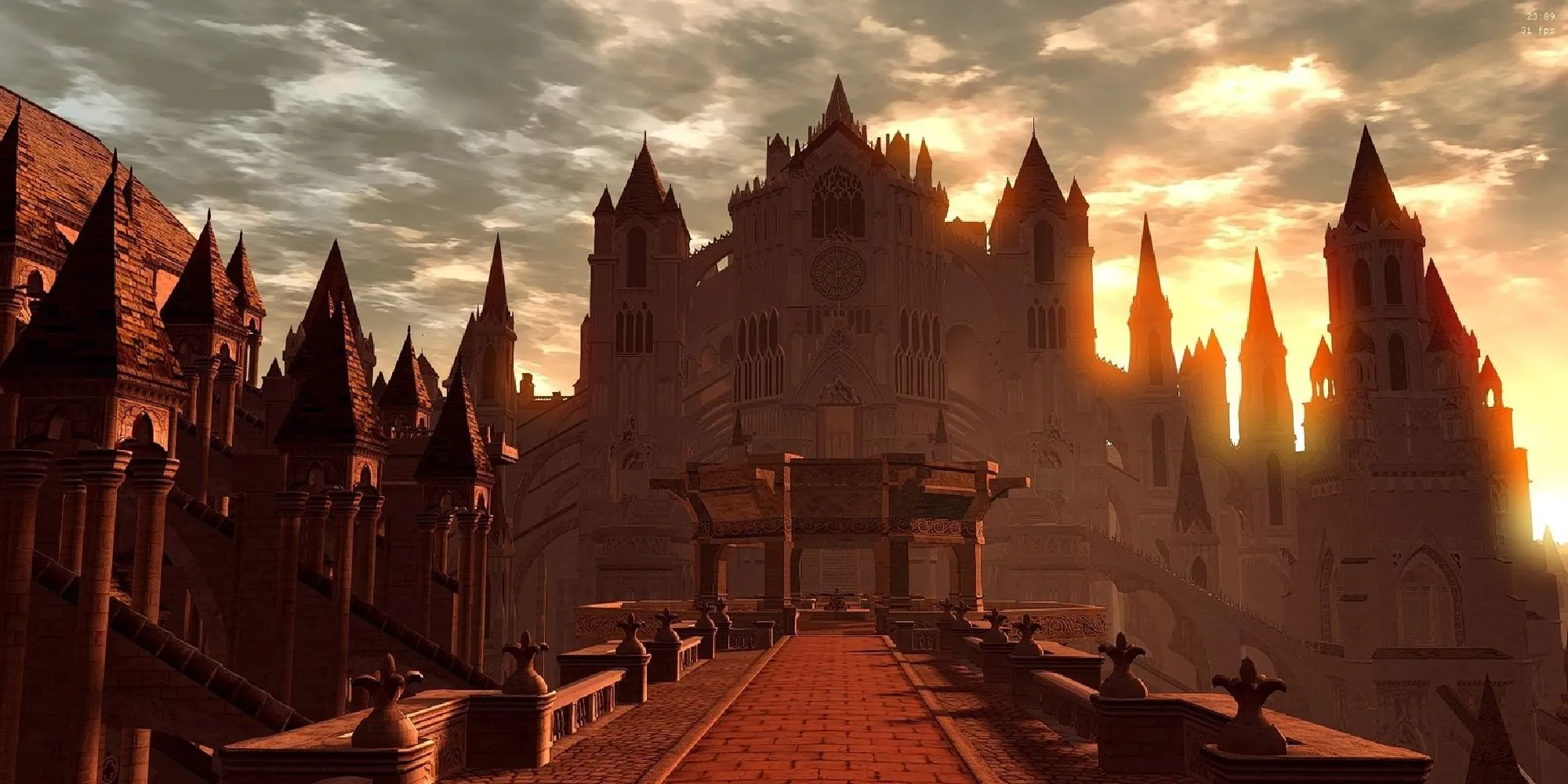 Khu vực Anor Londo vào giờ vàng trong Dark Souls, thể hiện kiến trúc gothic hùng vĩ