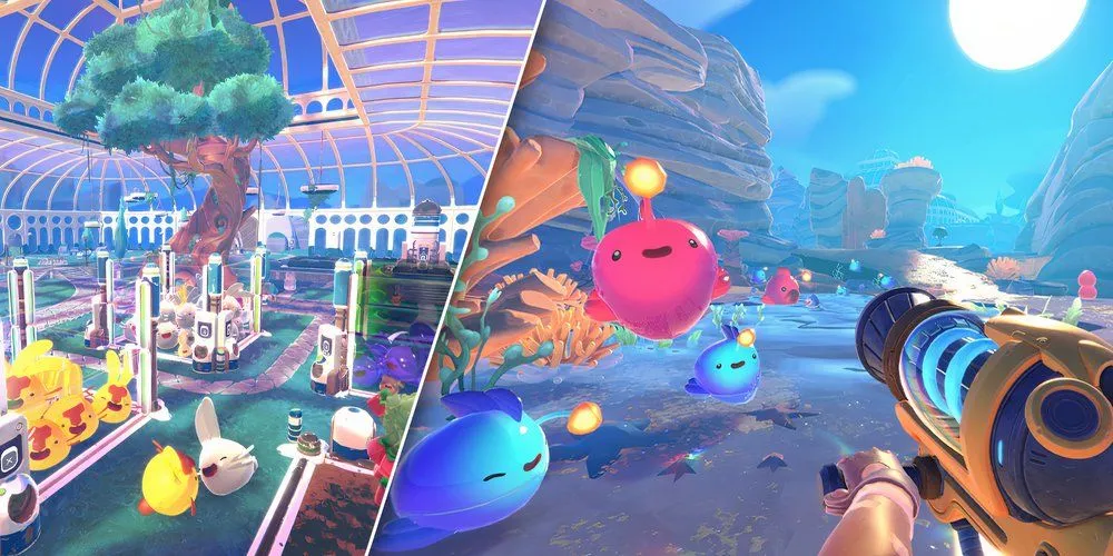 Khung cảnh đầy màu sắc và các loài slime đáng yêu trong Slime Rancher 2, minh họa gameplay nuôi dưỡng và khám phá.