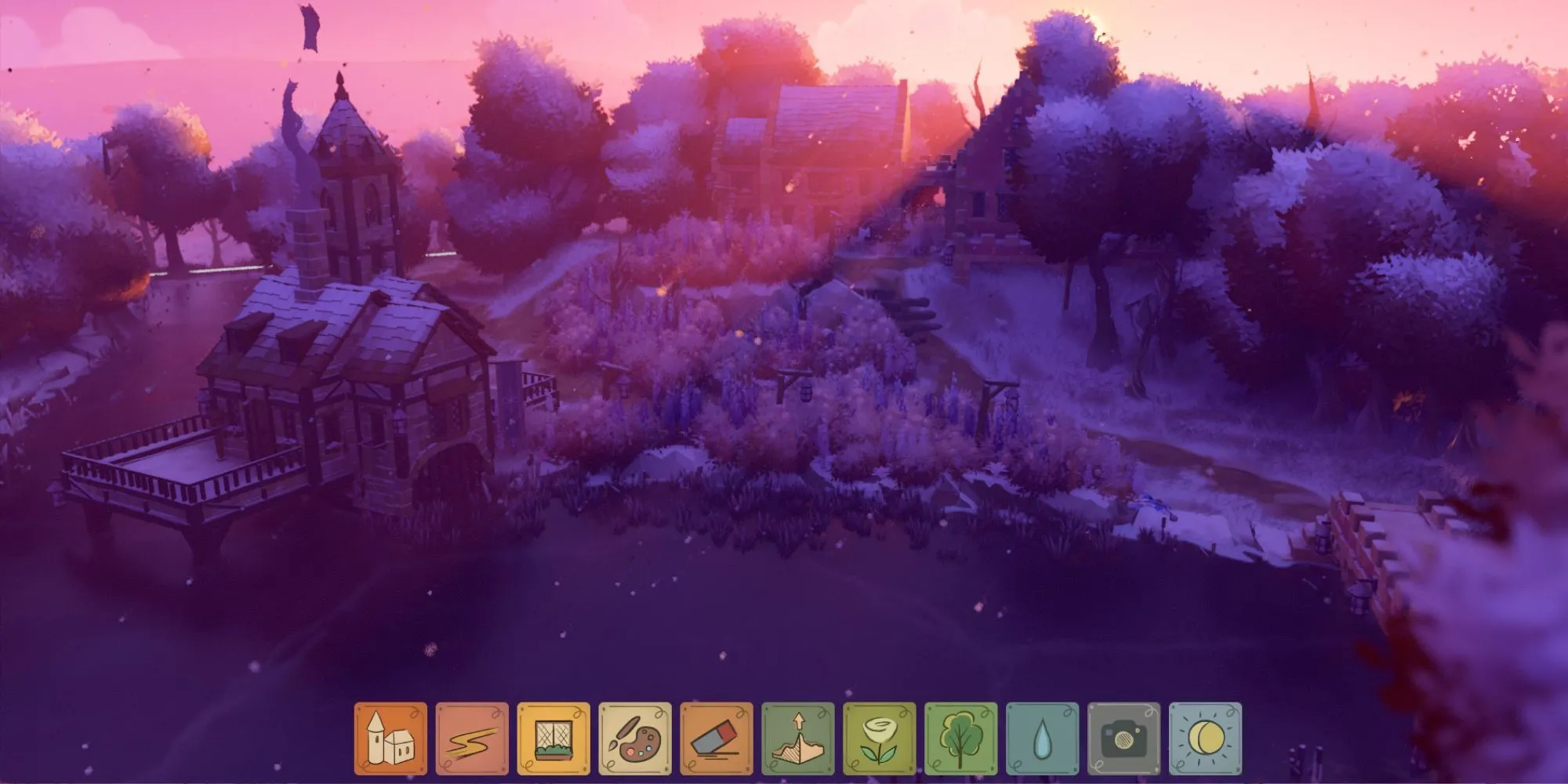 Khung cảnh hoàng hôn màu tím tuyệt đẹp trong game xây dựng lâu đài thư giãn Tiny Glade