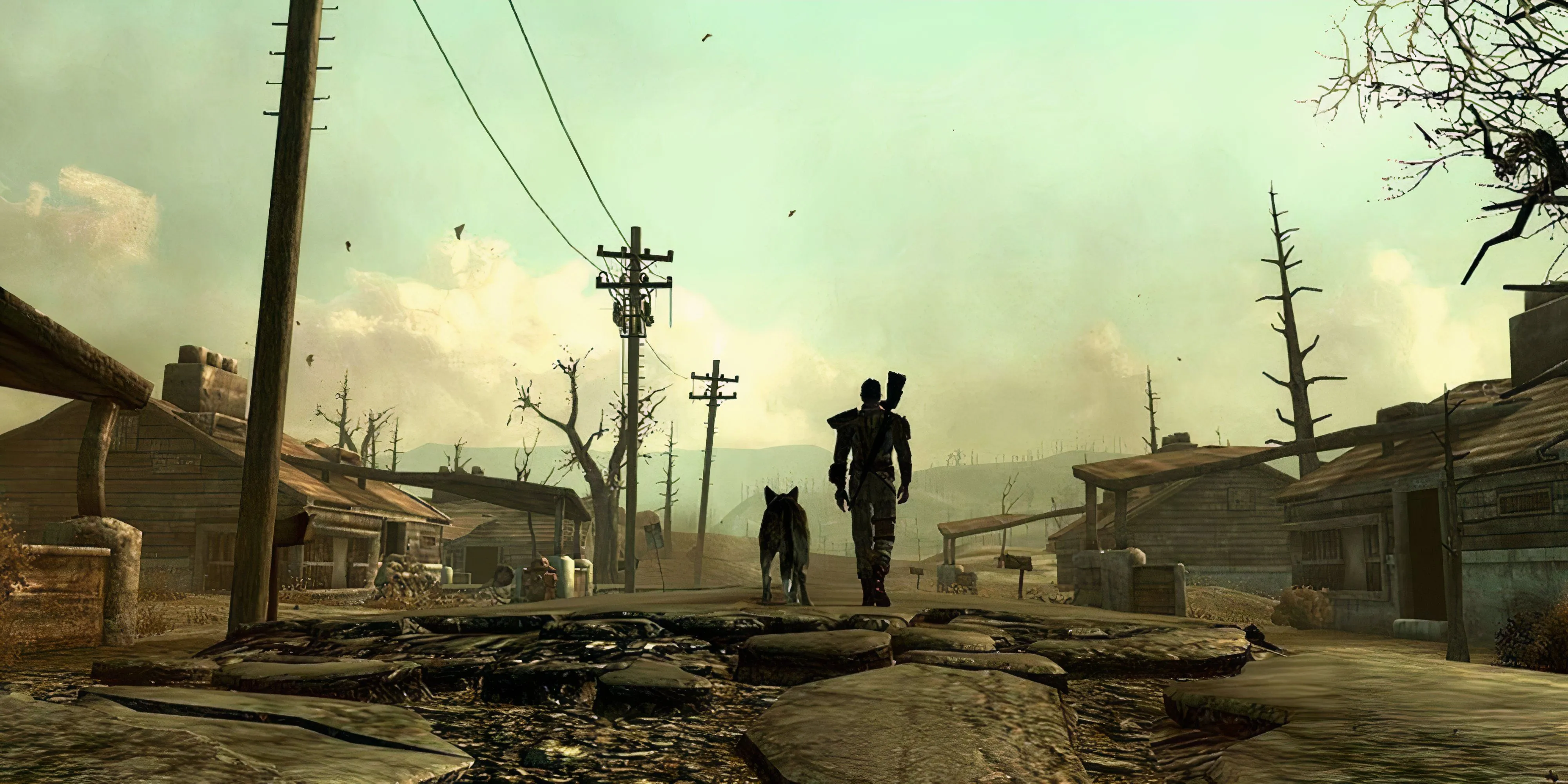 Khung cảnh một tòa nhà đổ nát trong thế giới hậu tận thế của Fallout 3