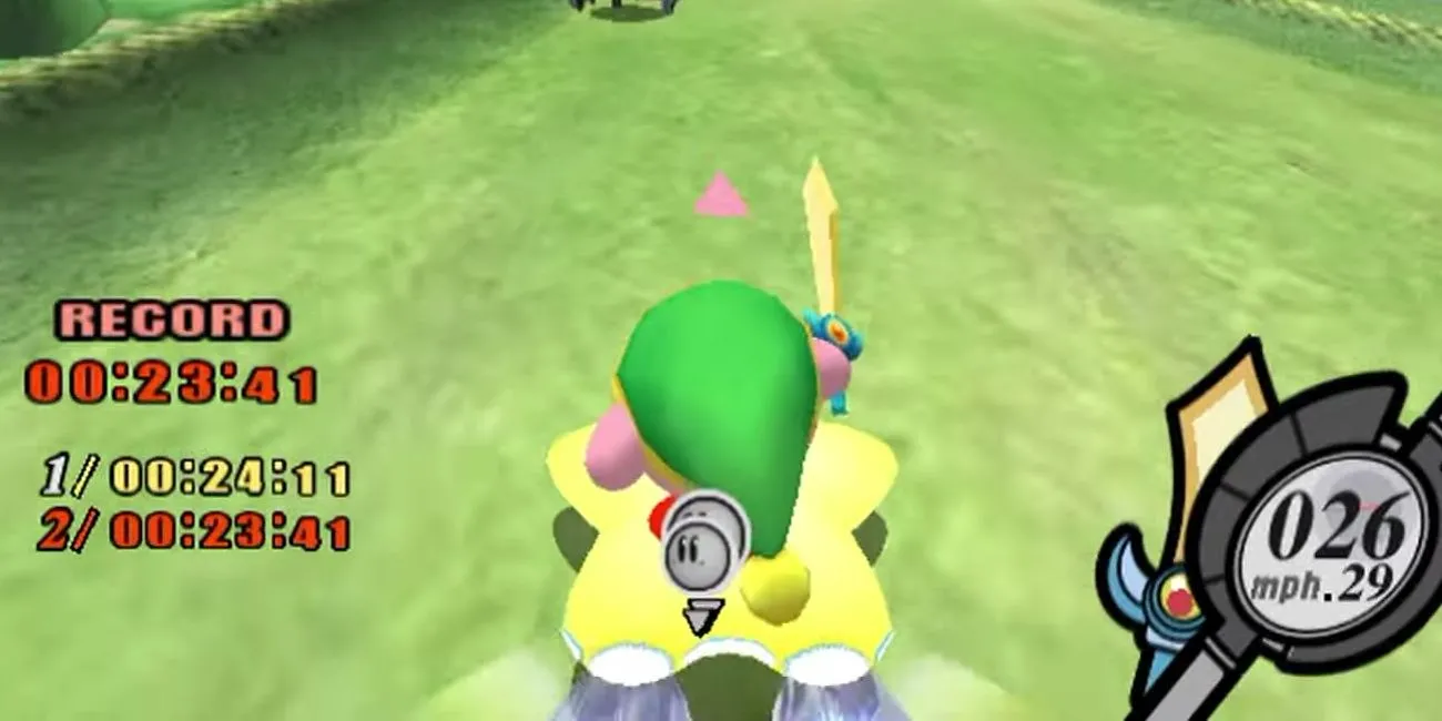 Kirby trên ngôi sao Warp Star đua trong chế độ Air Ride của Kirby Air Ride