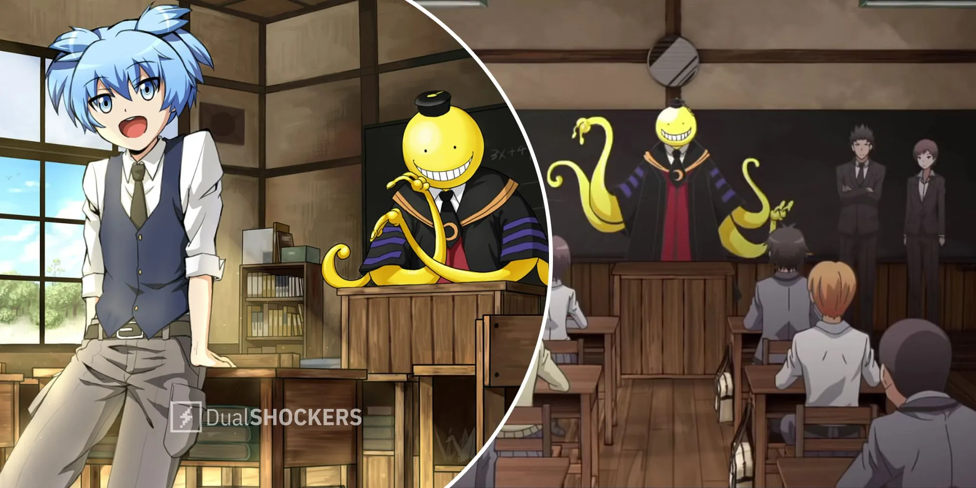 Koro-sensei đang giảng bài cho lớp học trong Assassination Classroom, thể hiện vai trò giáo viên