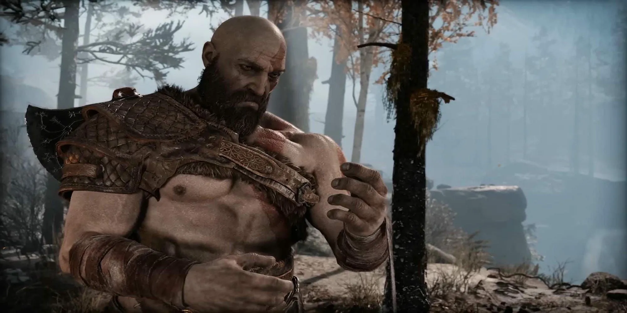 Kratos và biểu cảm trầm tư trong God of War 2018, game lấy bối cảnh thần thoại Bắc Âu