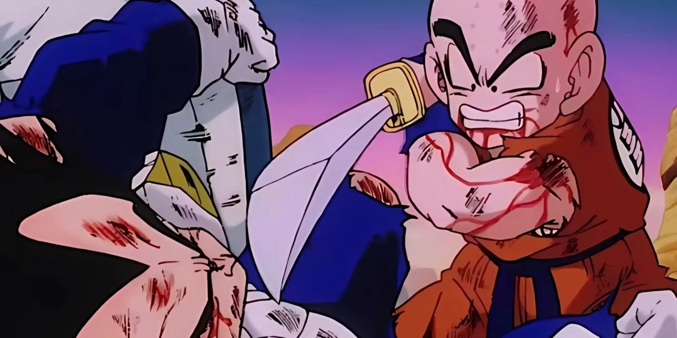 Krillin chuẩn bị kết liễu Vegeta, Son Goku ngăn cản trên hành tinh Namek trong Dragon Ball Z