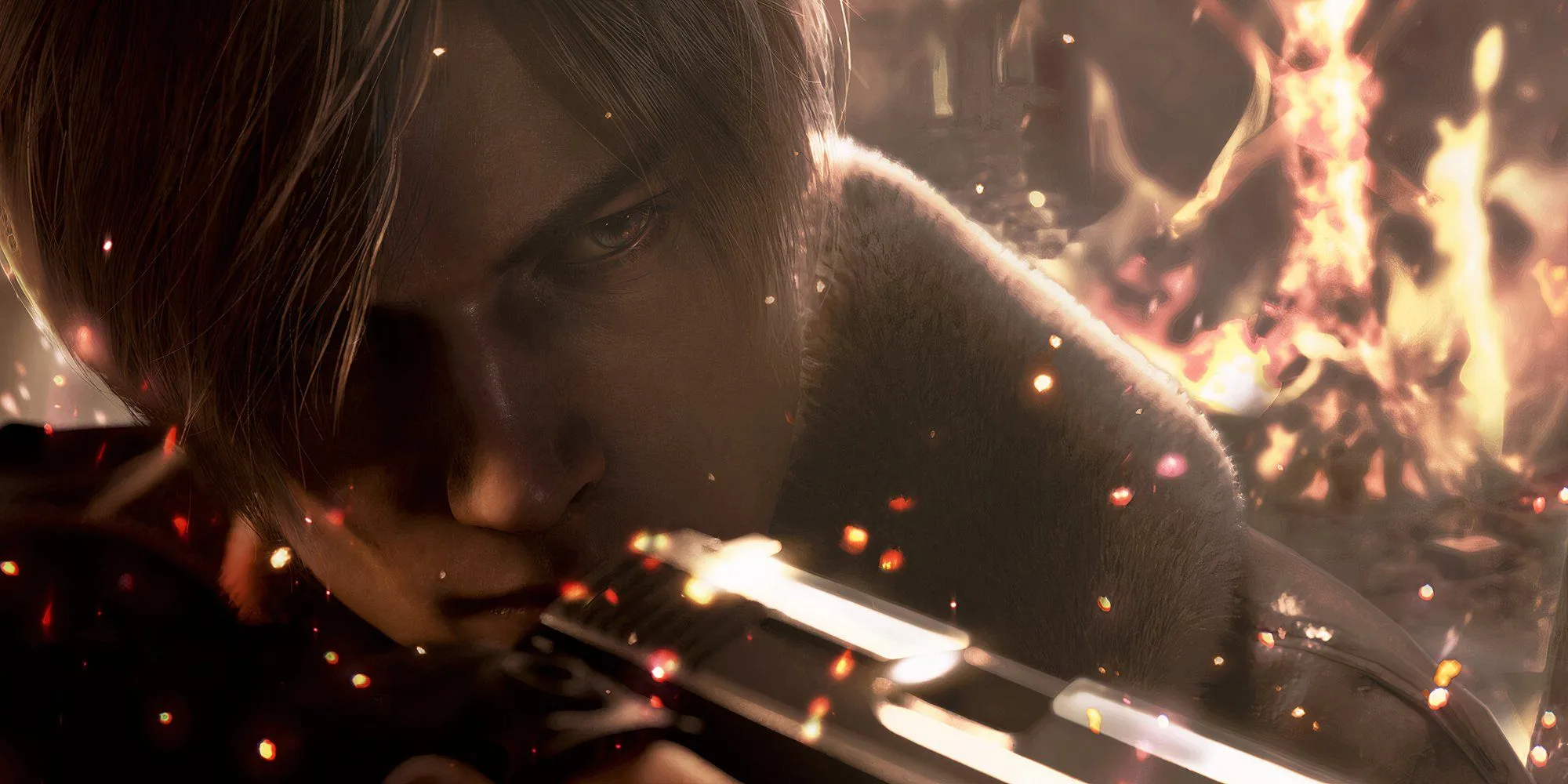 Leon Kennedy trong Resident Evil 4 chĩa súng lục khi bị bao vây bởi lửa