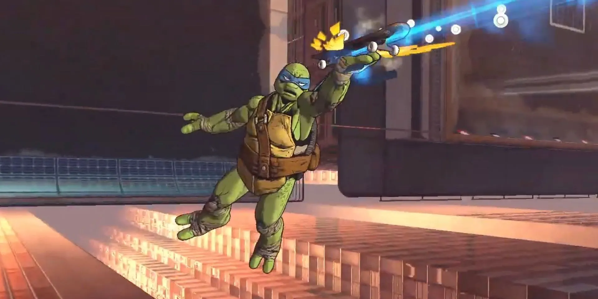Leonardo của nhóm Ninja Rùa đang trượt ván trong bản đồ Skatopia của Tony Hawk's Pro Skater 5